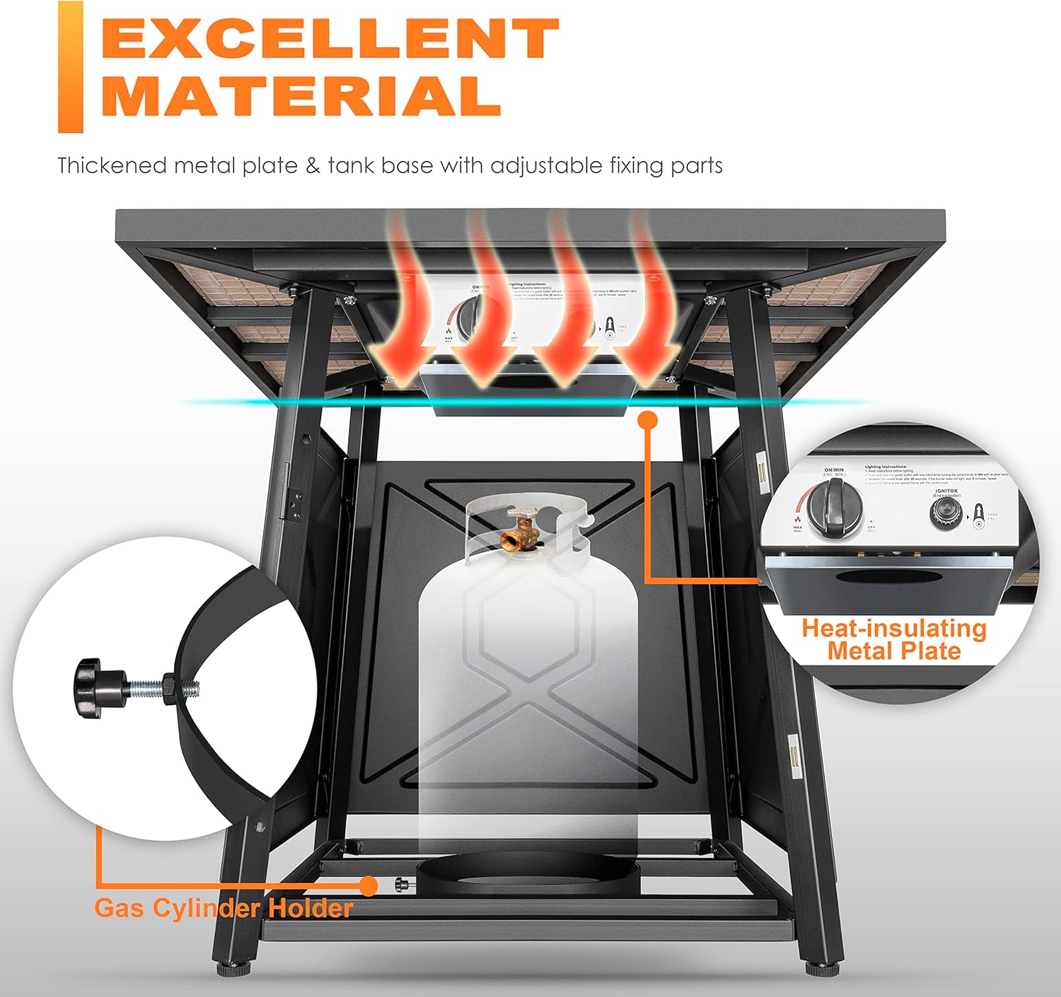 NUU GARDEN 5-Piece Patio Furniture Set with Fire Pit Table, 28'' 50,000 BTU Propane Gas Cabinet Fire Pit Table with Cover and 4 Dining Swivel Chairs with Padded Cushions, Black and Beige