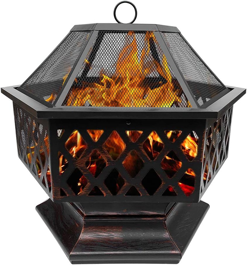 Steel Hexagonal Fire Pit Fire Bowl for Garden and Patio Outdoor Garden Heater Bronze Fire Pit Charcoal Burning Fire Bowl