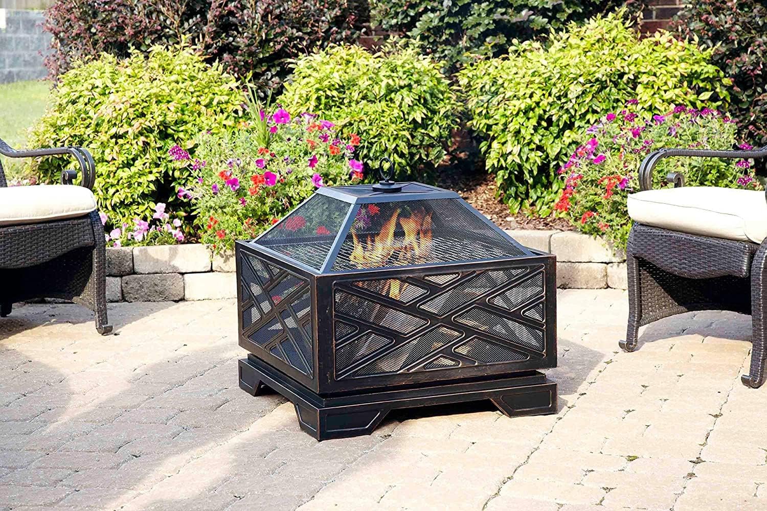 Garden Fire Pit Outdoor Party BBQ Fire Pit - 26Inch Large Bonfire Patio Party BBQ Fire Pit Metal Stove Outdoor Fire Pit,Mesh Grill Barbecue Rack