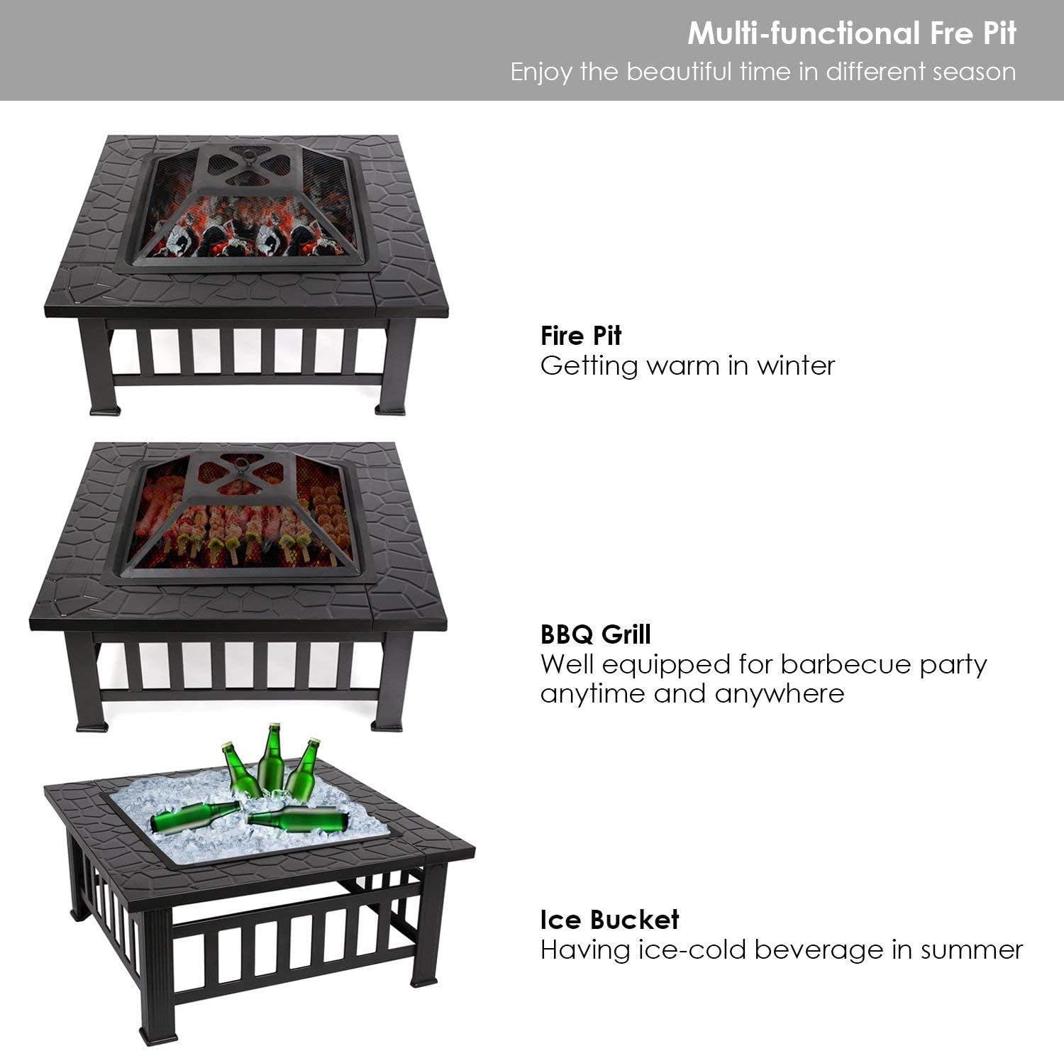 Fire Pit BBQ Grill, Outdoor Square Metal Firepit, Garden Fire Pits,Fireplace Garden Stove BBQ Fire Pit Charcoal Rack with Mesh Cover,Outdoor Fire Pits