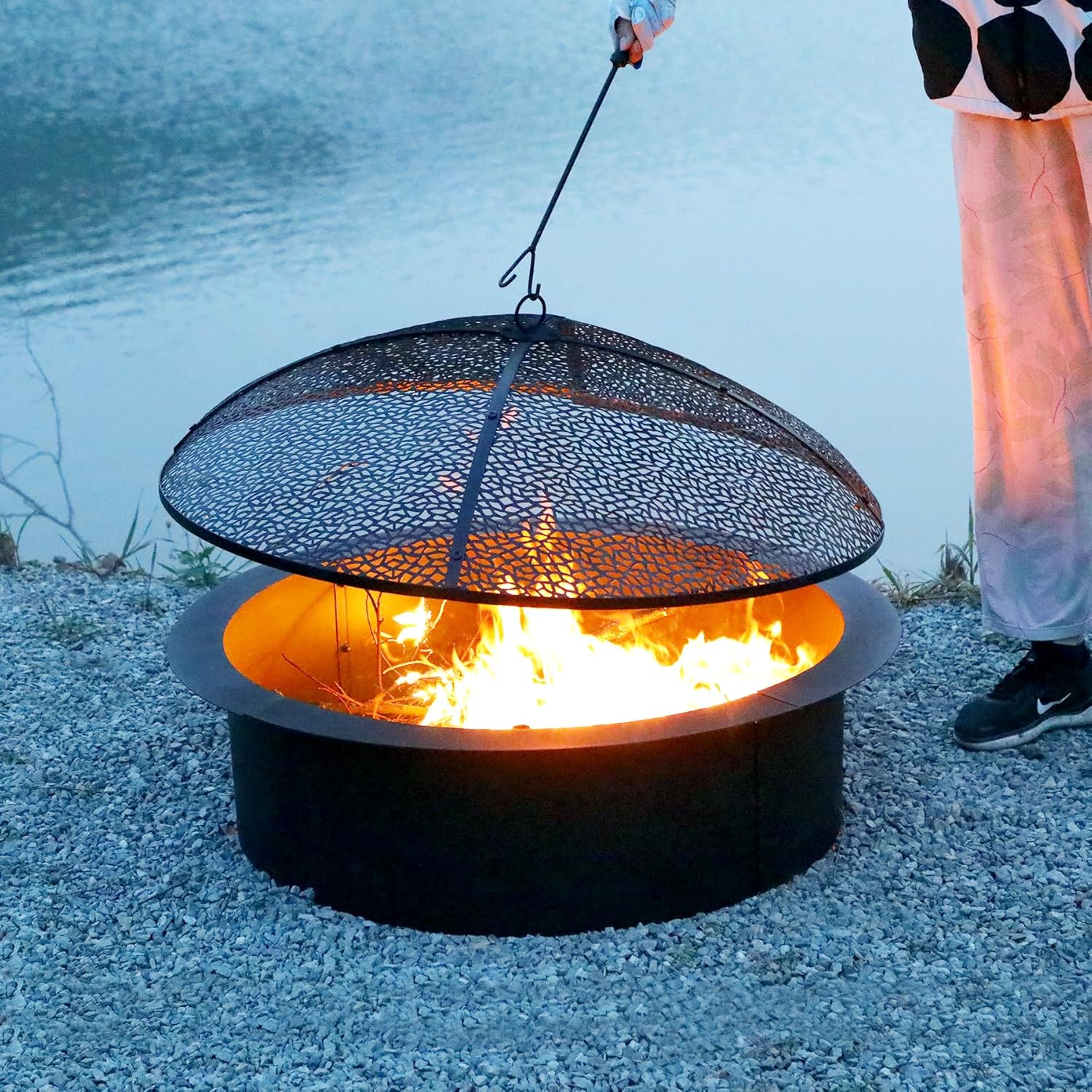 REDCAMP 36Inch Fire Pit Spark Screen, Collapsible Fire Pit Screen Round with Handle, Heavy Duty Iron Fire Pit Cover Mesh Round Replacement Firepit Screens Easy Opening for Outdoor Patio Backyard