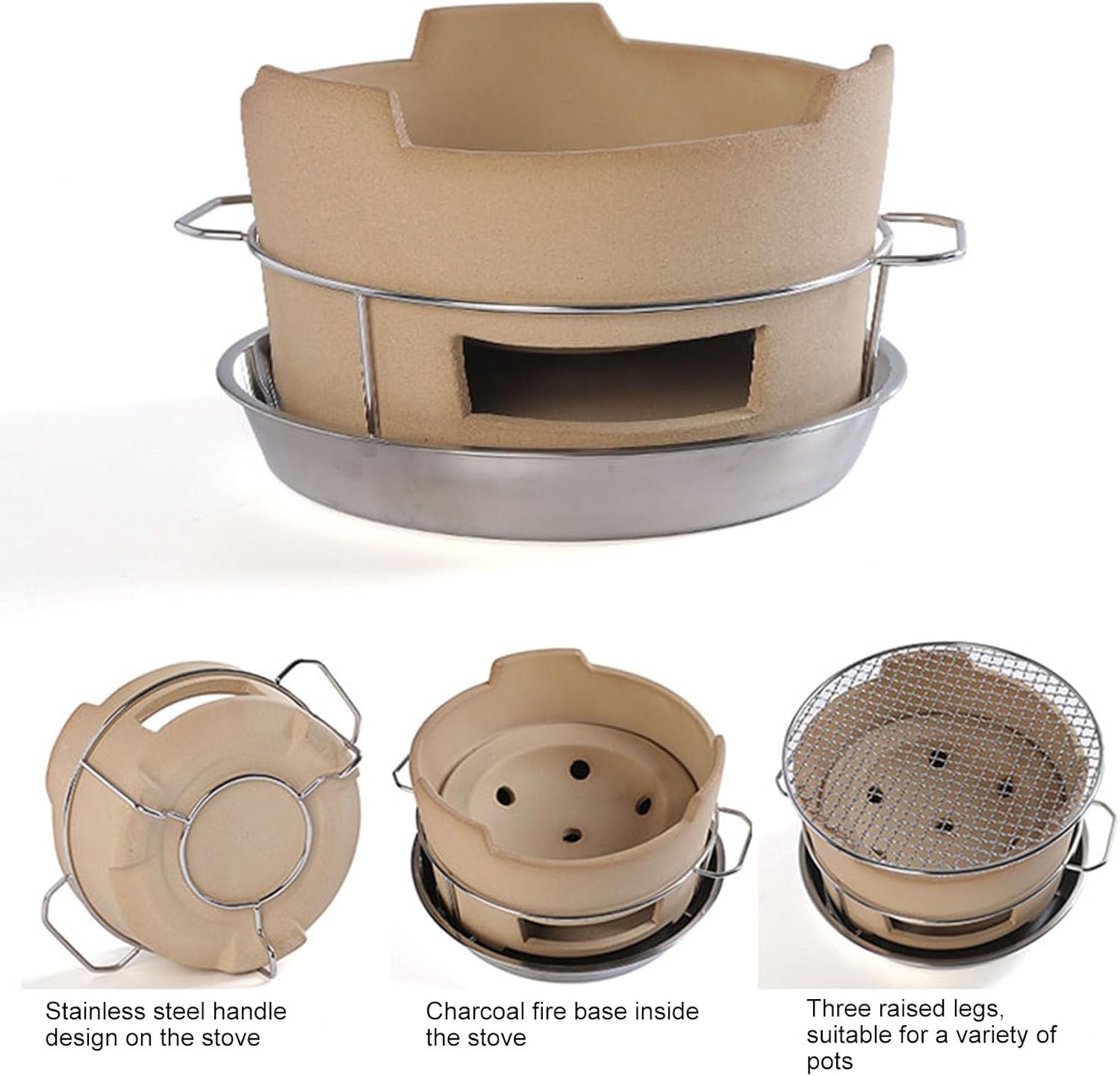 Small Round Clay Charcoal Stove Clay Grilling Stove Ceramic Fire Pit Portable Tabletop Pottery Stove Outdoor BBQ Package ()