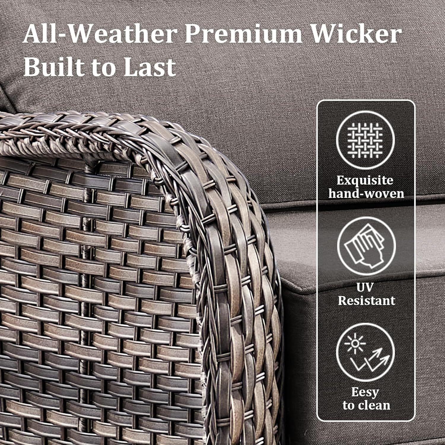 Luxury High Back Patio Furniture Set with Fire Pit Table & 6-Inch Thick Cushions, 4-Pieces Outdoor Furniture with Swivel Chairs, Wicker Conversation Set for Porch, Balcony, Deck and Yard, Grey