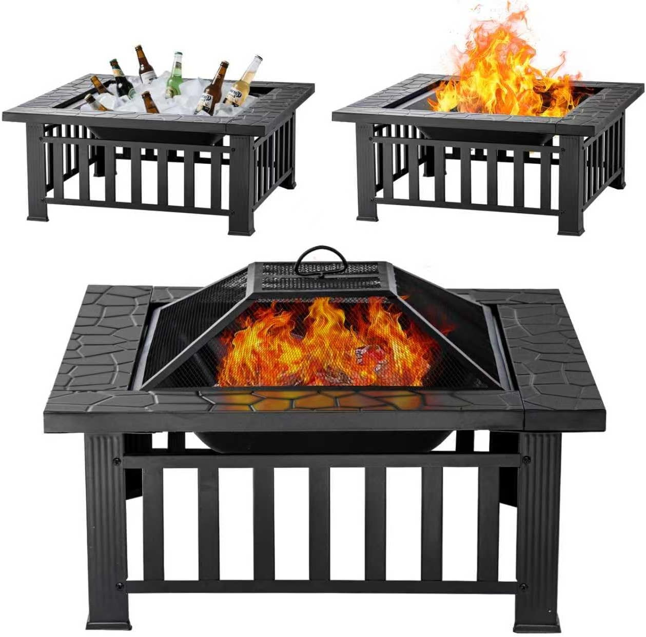 Fire Pit Table 32 Inch Square Metal Stove for Patio, Backyard, Garden | Multifunctional Outdoor Fireplace for Camping, Heating, Bonfire & Picnic