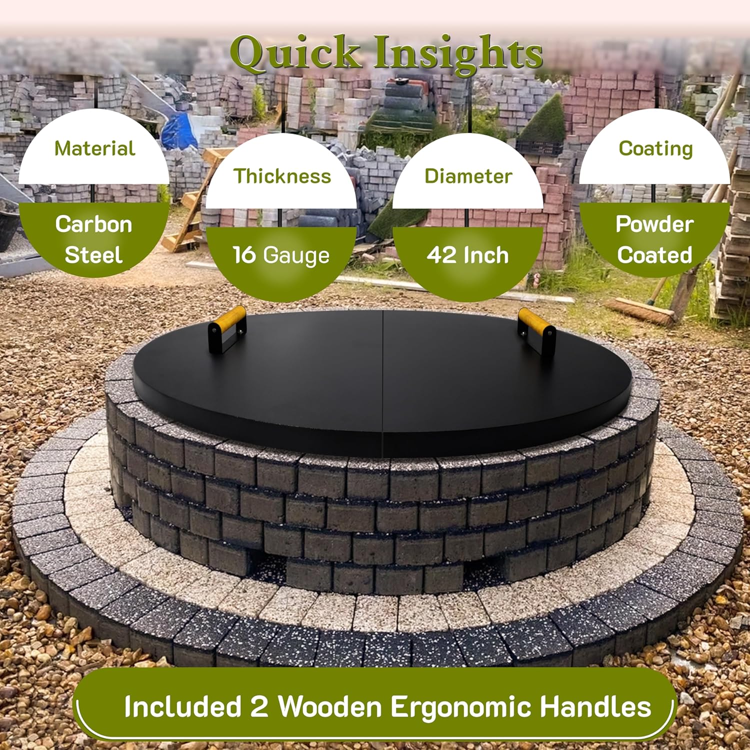42” Round Fire Pit Lid – Heat Resistant Fire Pit Cover Lid Round for Outdoor Fireplace -16 Gauge Steel Flat Fire Pit Burner Pan Cover with Dual Wooden Handles Snuffer Lid for Patio Fire Pit Ring