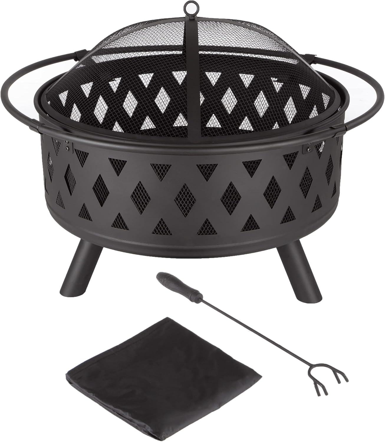 Fire Pit - 32-Inch Outdoor Wood Burning Firepit with Screen, Poker, and Cover - Outdoor Fire Pits for Backyard, Deck, or Patio by Pure Garden (Black)