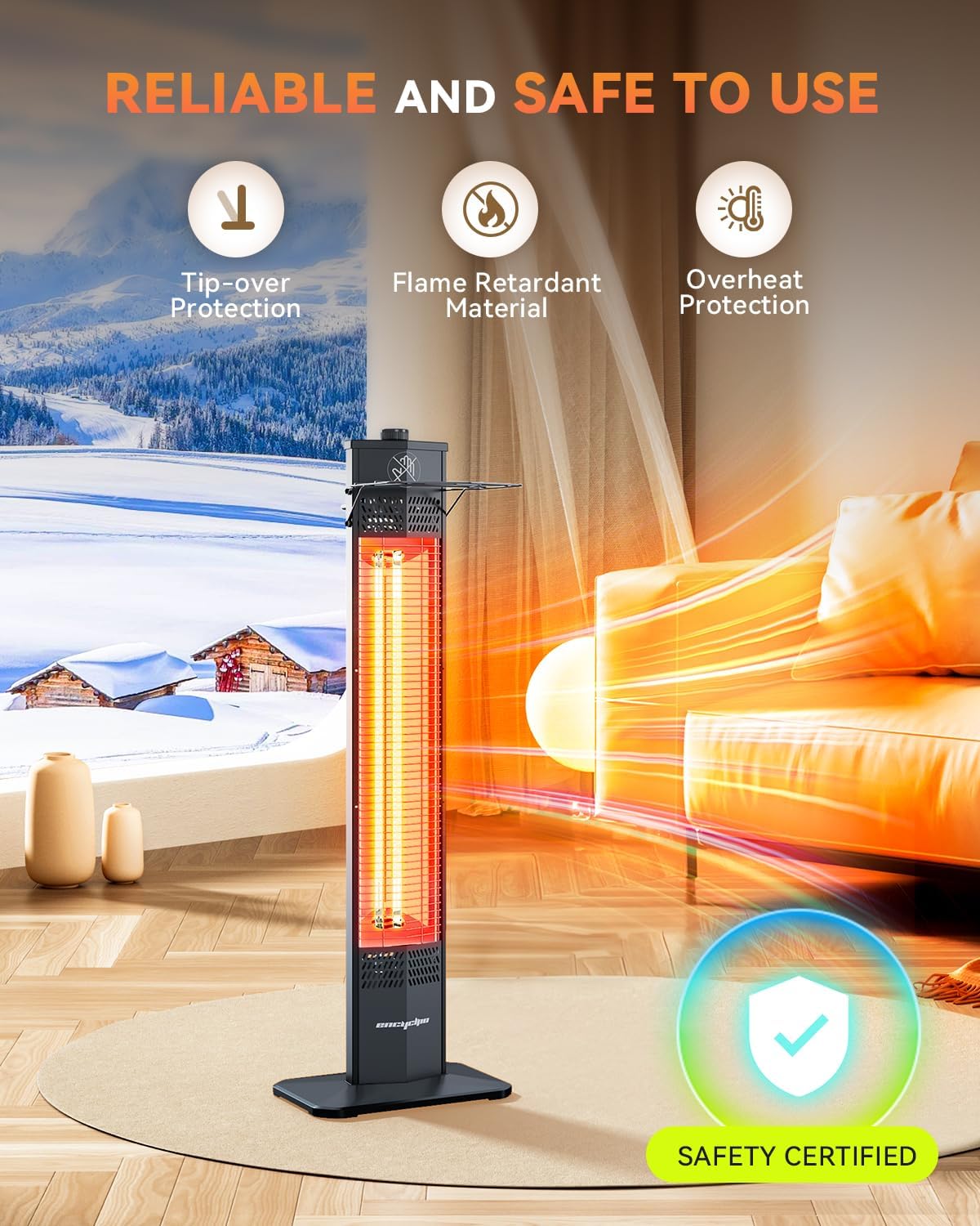 Patio Heater for Outdoor Use,1500W Infrared, 36 in Portable Tower Heater, 3 Levels, IPX5 Waterproof, Tip-Over&Overheat Protection for Garage, Indoor, Large Room, Backyard, Home
