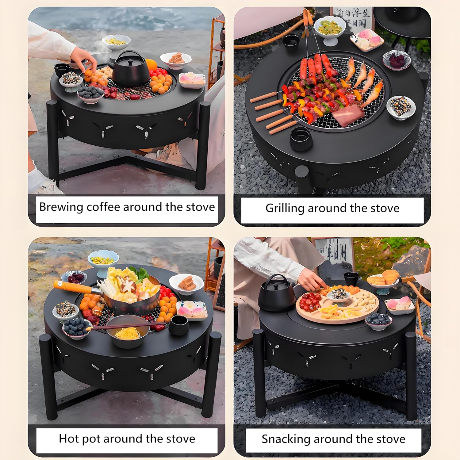 23.6-Inch 3-in-1 Fire Pit with BBQ Grill, Wood Burning Outdoor Firepit with Lid, Heavy Duty Metal Round Table for Patio, Bonfire, Picnic
