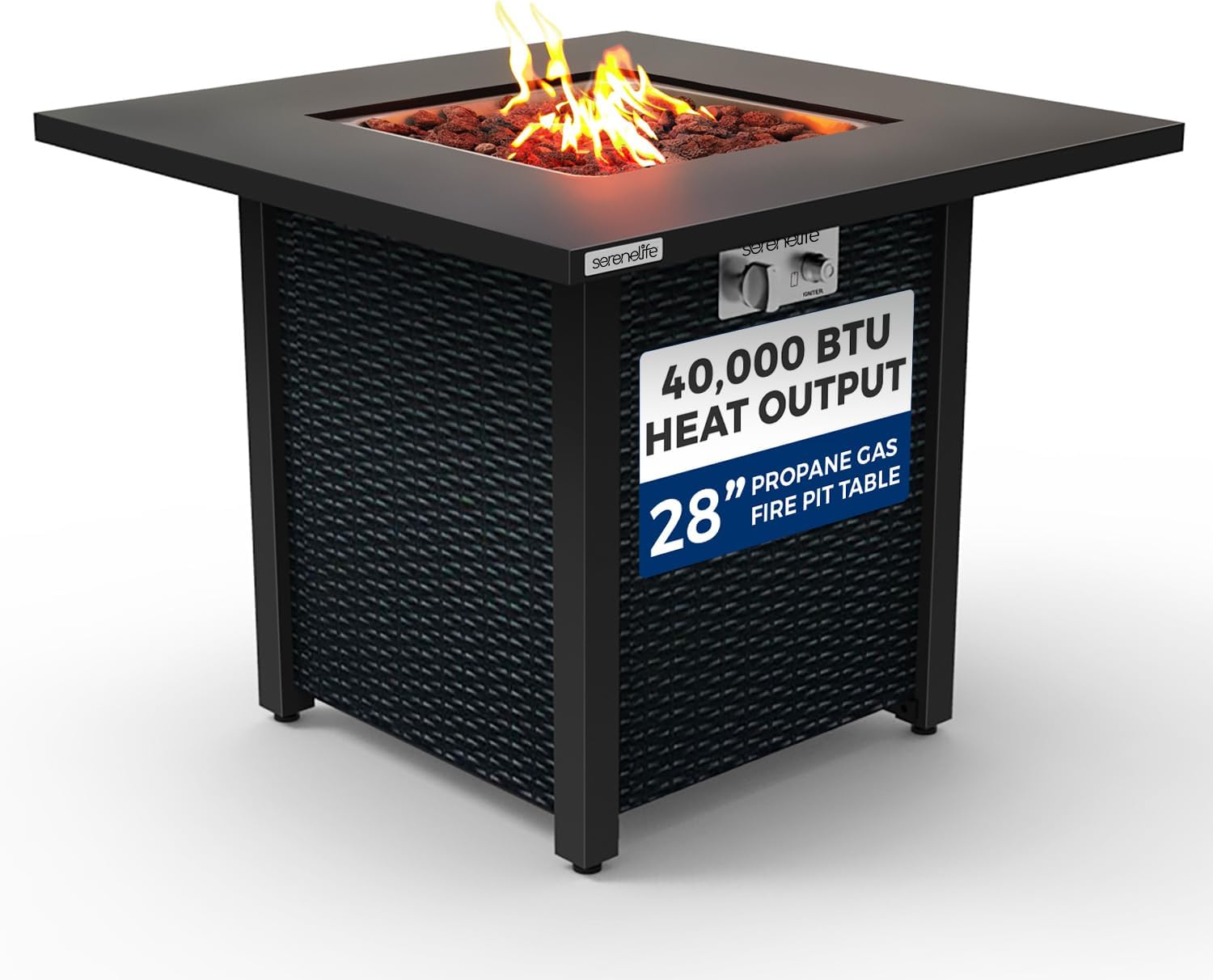 SereneLife Outdoor Propane Fire Pit Table - 40,000 BTU Square Gas Fire Table with Steel Top, Rattan-Style Panels, 6.6 lbs Lava Rock Set, Pulse Ignition for Patio & Backyard Heating, 28 x 28 x 24 in