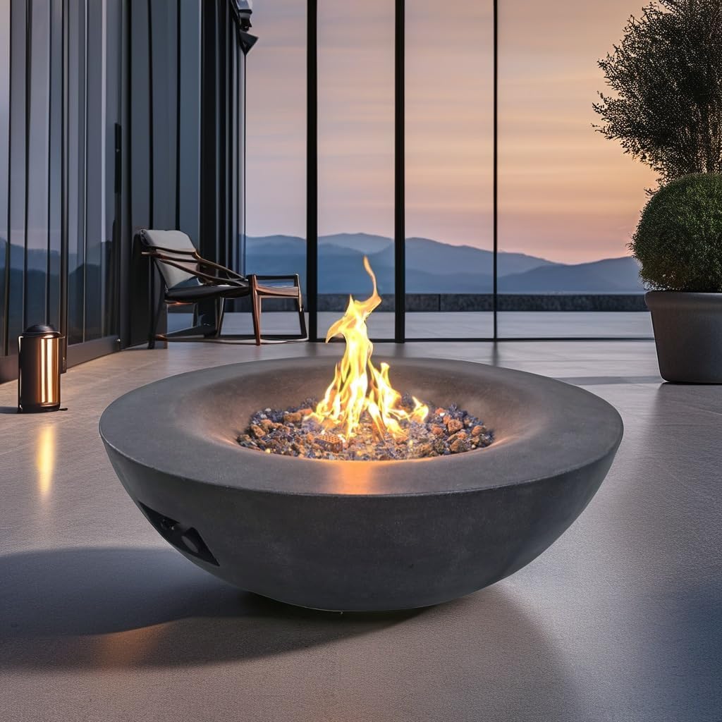 42 Inch Outdoor Concrete Propane Gas Fire Pit Bowl with Glass Chip, Lava, Adjustable Feet, and Fabric Cover(Black Gray)