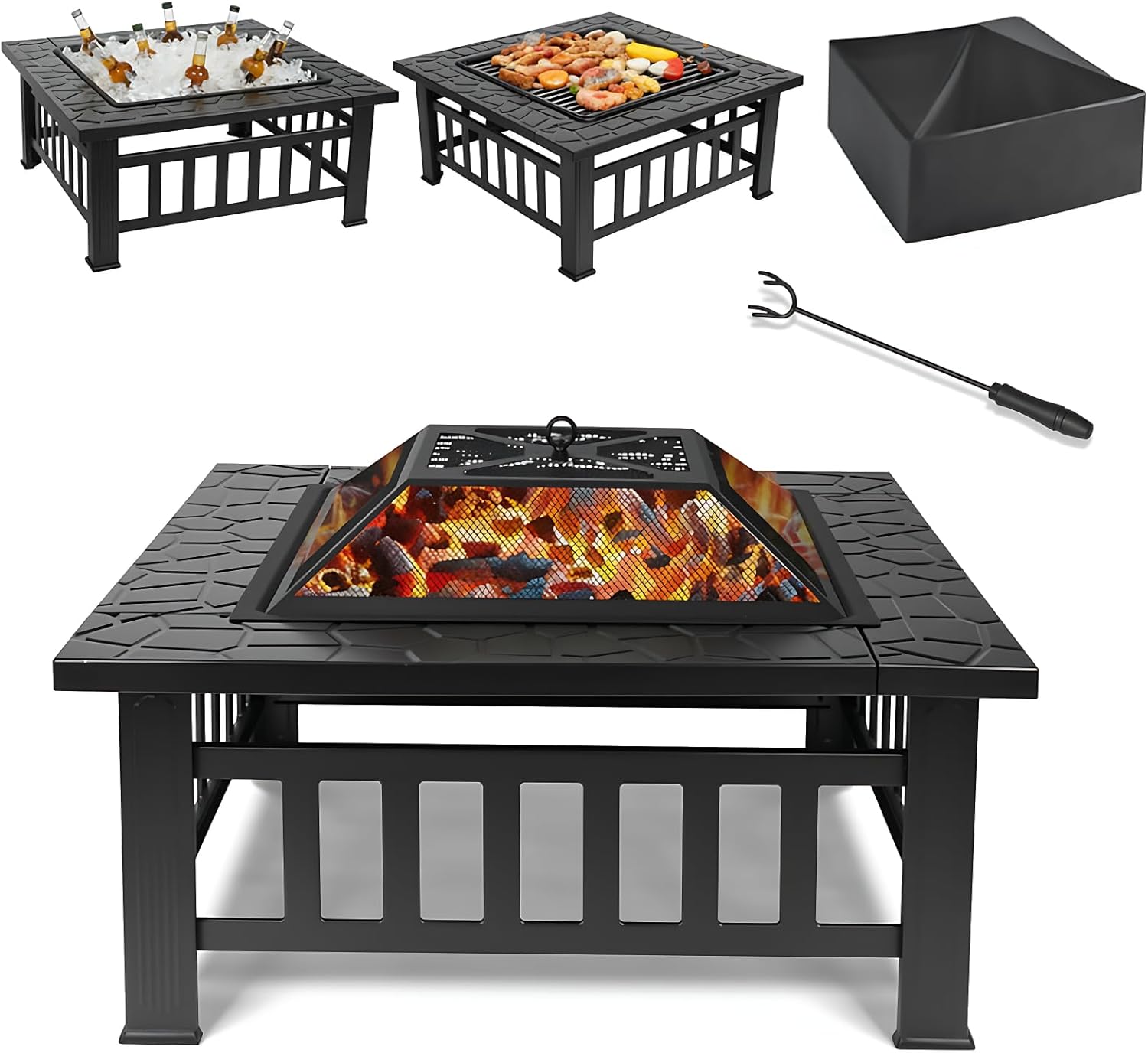 MAMIZO 32 inch Outdoor Fire Pit, Wood Outside Burning Square Metal Firepits Stove Table w/Accessories, Spark Screen, Waterproof Cover, Poker Included for Backyard BBQ Patio Camping Bonfire Heating
