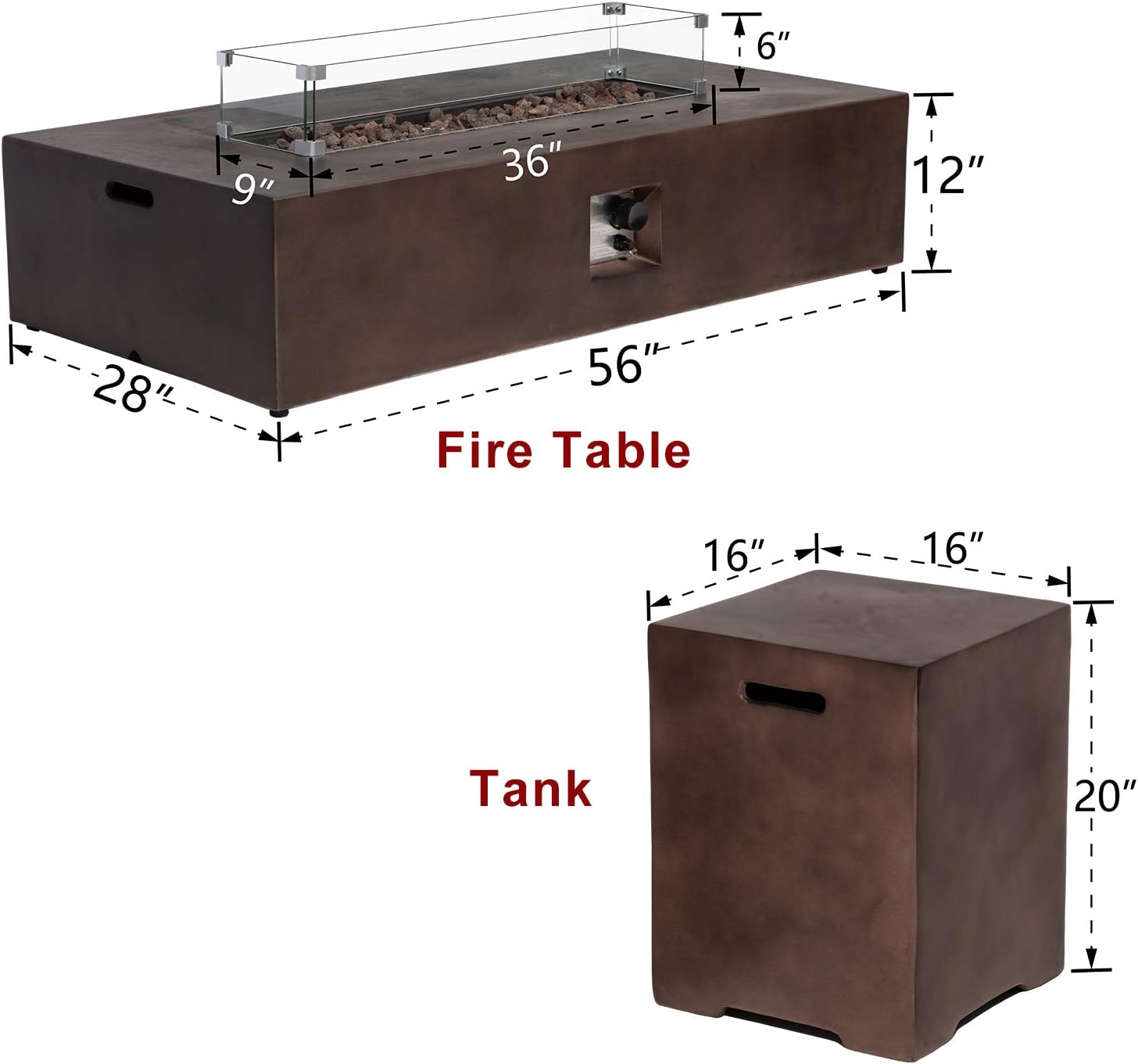 AQUILLA Propane Fire Pit, Smokeless w Tank Cover Table 3 Pieces, Rectangular Brown Color 50000 BTU Burner w Glass Wind Guard, Free Lava Rock for Poolside, Porch, Garden
