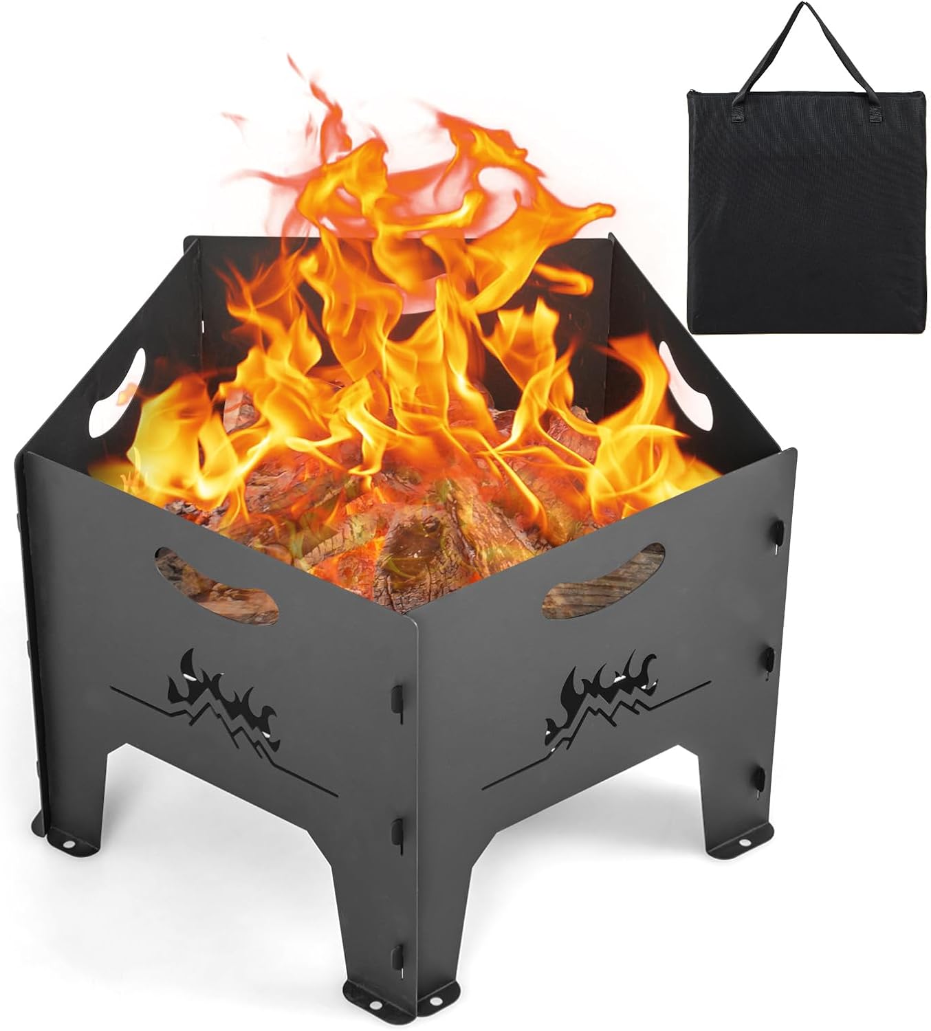 HAPPYGRILL Portable Fire Pit with Storage Bag, Heavy Duty Wood Burning Fire Pits w/Plug-in Design, Bottom Airflow Holes, Folding Firepit Stove for Outdoor Camping, Patio, Picnic, Bonfire