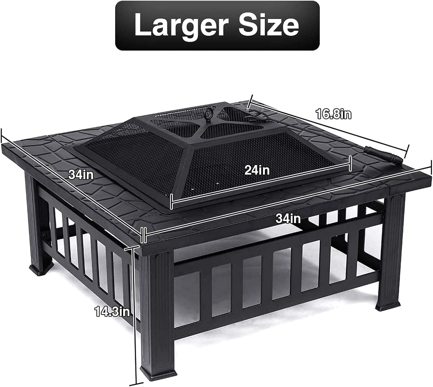 Outdoor Fire Pit Metal Square Firepit Patio Stove with Spark Screen Cover, Log Grate, Poker for Backyard Garden Camping Picnic Bonfire