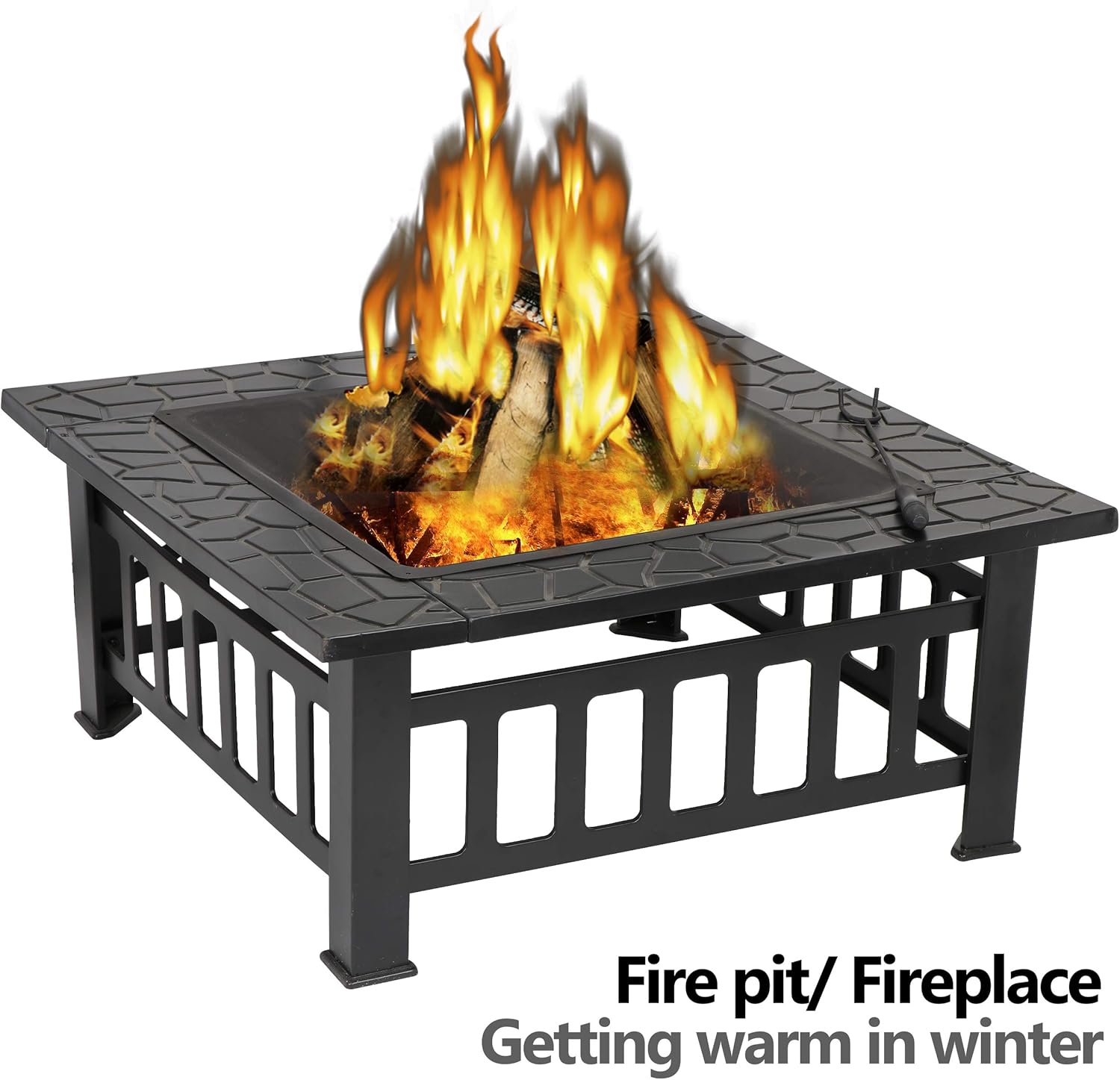 JungleA 32 Inch Outdoor Metal Fire Pit Square Table BBQ Fire Pit Burning Backyard Patio Garden Stove W/Rain Cover, Faux-Stone Finish