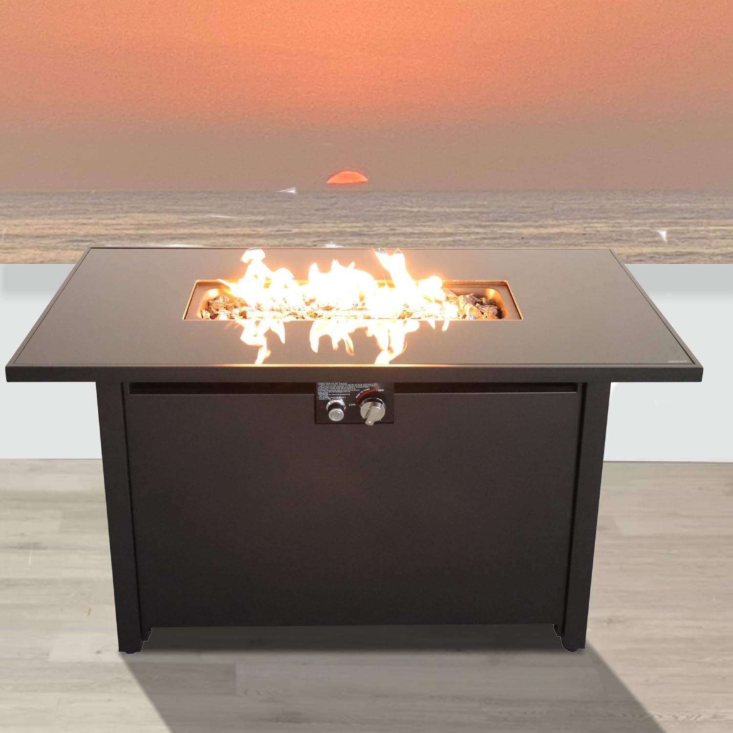 Penau 25 Inch H x 42 Inch W Steel Outdoor Fire Pit Table with Lid - Propane or Natural Gas Convertible, Smoked Glass Top, Rustproof for Garden & Outdoor