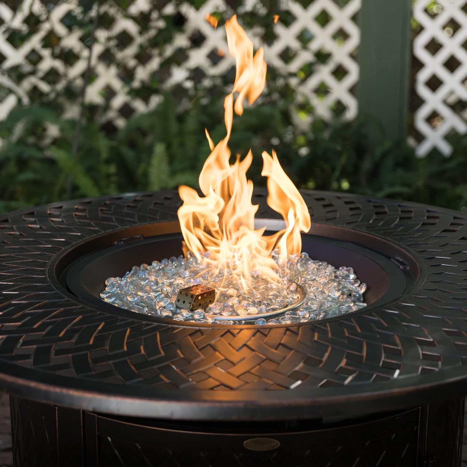Verona Woven Aluminum Convertible Gas Fire Pit Table 55,000 BTU Multi-Functional Outdoor with Fire Bowl Lid, Nylon Weather Cover & Clear Fire Glass - Bronze Finish - Round - 44