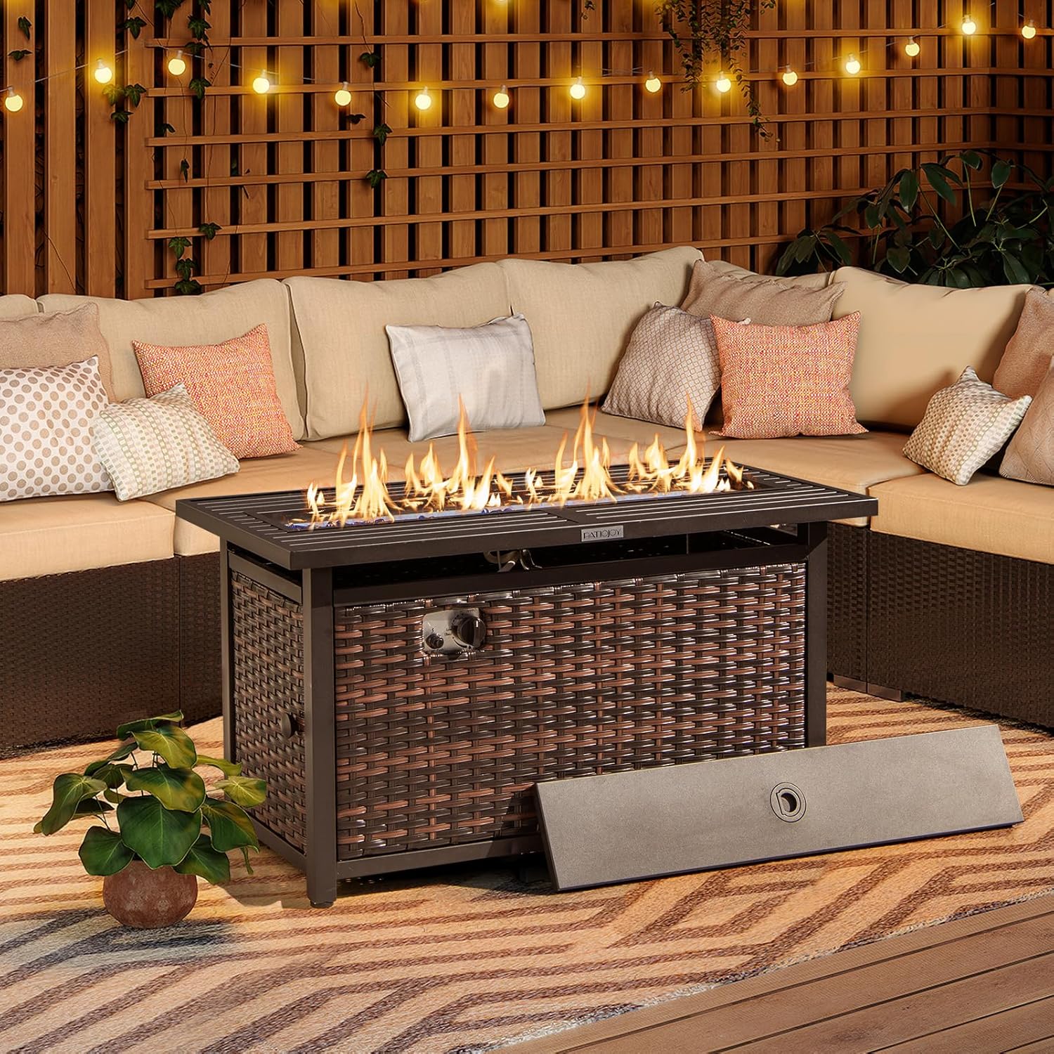 RELAX4LIFE 45’’ Propane Fire Pit Table - 50000 BTU Rattan Outdoor Fire Pit w/Metal Top, Glass Stones, Lid & Protective Cover, Rectangular Gas Fire Pits for Outside Patio Backyard Garden Deck Parties