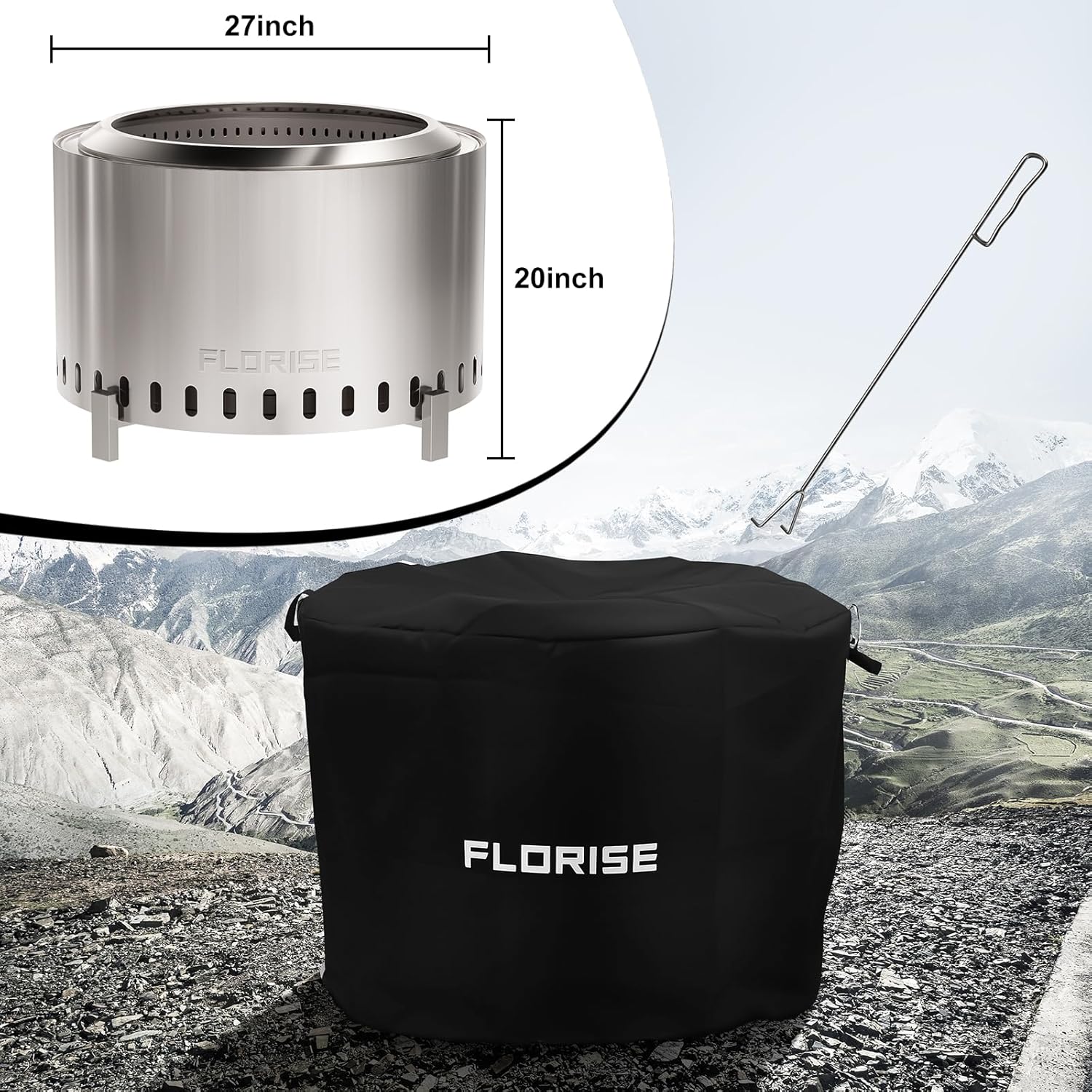 27 Inch Smokeless Fire Pit, Outdoor Portable Firepit with Waterproof Cover & Poker, Stainless Steel Wood Burning Fireplace for Outside,Patio, Camping, Bonfire, Silver