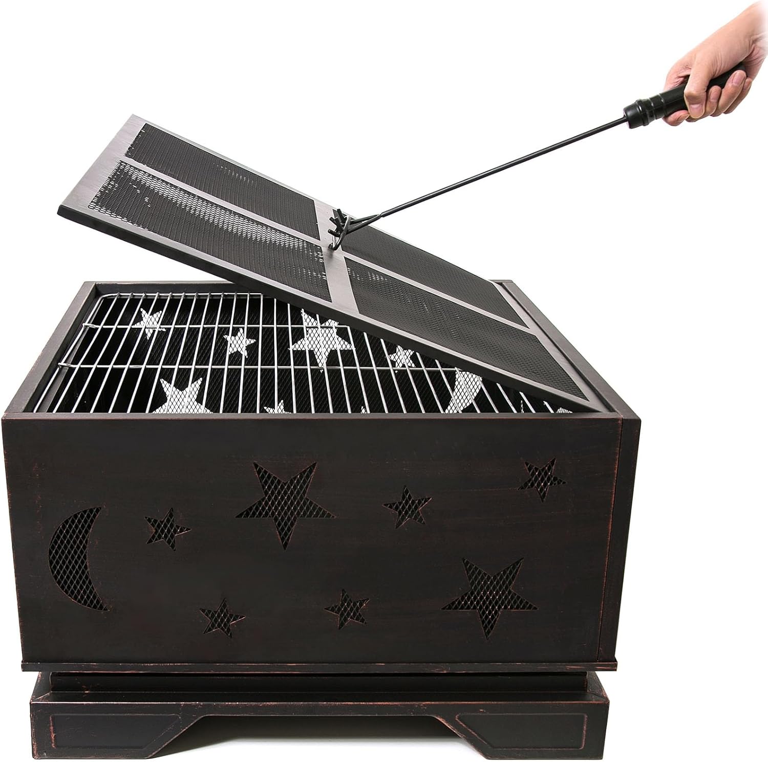 26 Inch Wood Fire Pits & Outdoor Fireplaces with Poker, Patio Fire Pit with Grill, Square Firepits for Outside, Backyard, Camping, BBQ,Steel, Heavy Duty