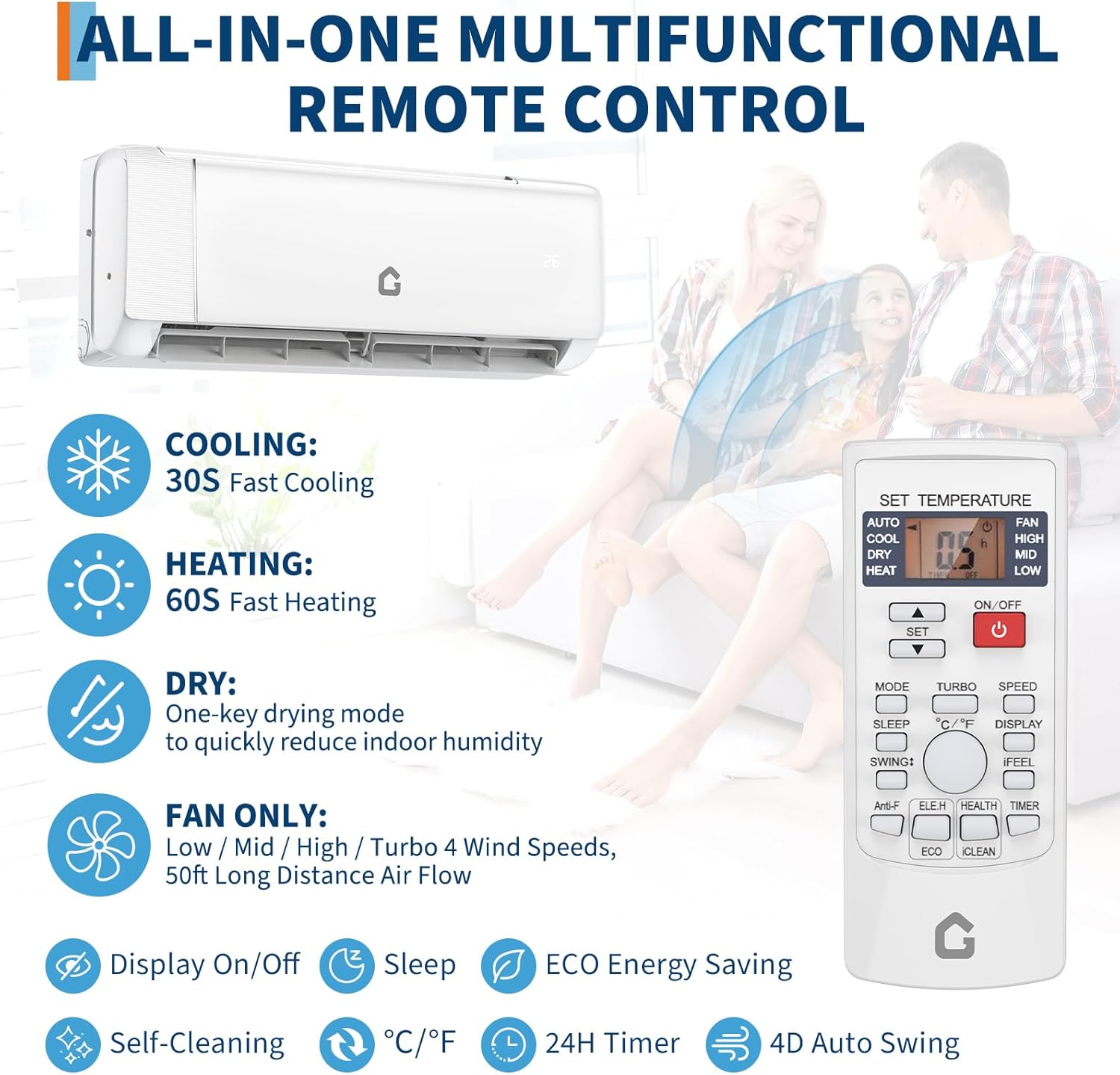 24000 BTU Mini Split AC and Heating System, 19 SEER2 230V Split Unit Air Conditioner with Heat Pump, Wifi Enabled, Cooling/Heating for Rooms Up to 1500 Sq. Ft, 24H Timer, Low Noise, for Bedroom, White