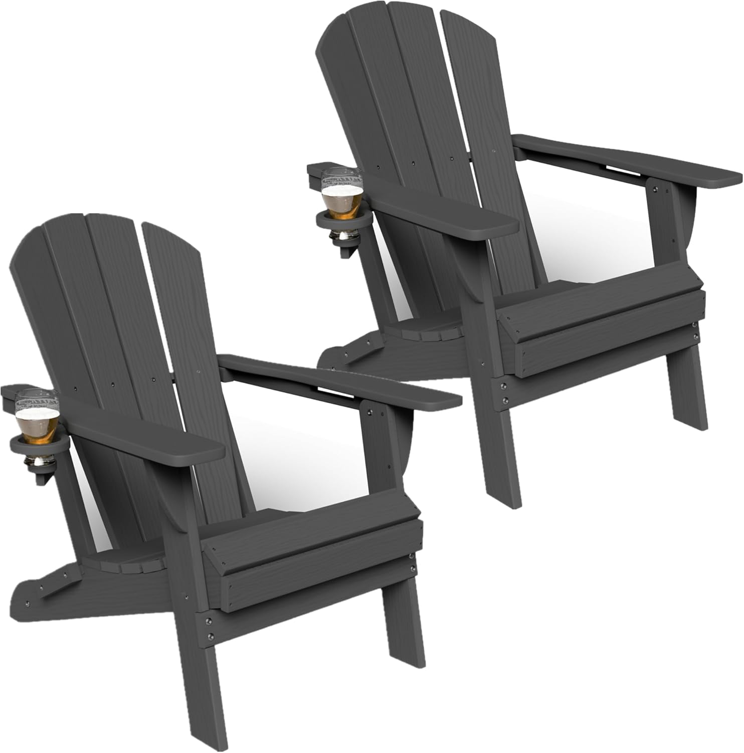 GLANC Folding Adirondack Chair Set of 2, HDPE All-Weather Outdoor Patio Fire Pit Chairs Lawn Chair for Poolside Backyard Deck Balcony, Wooden Textured with Cup Holder, 380LBS Capacity (Black)