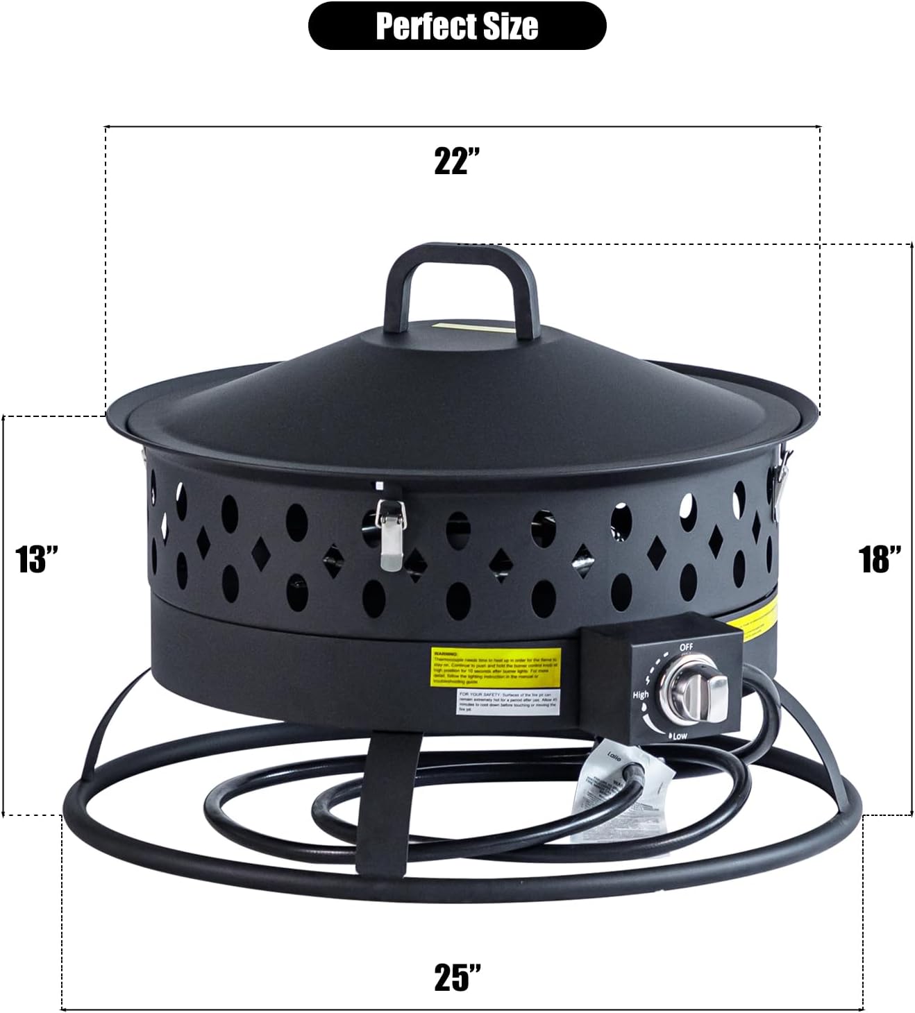 22 Inch Portable Propane Fire Pit,Gas Fire Pit for Outside with Lid & Handle, Smokeless Gas Firepit Bowl with Lava Rocks,Outdoor Propane Firepits for Camping,Patio,Yard,Bonfire.(Black)