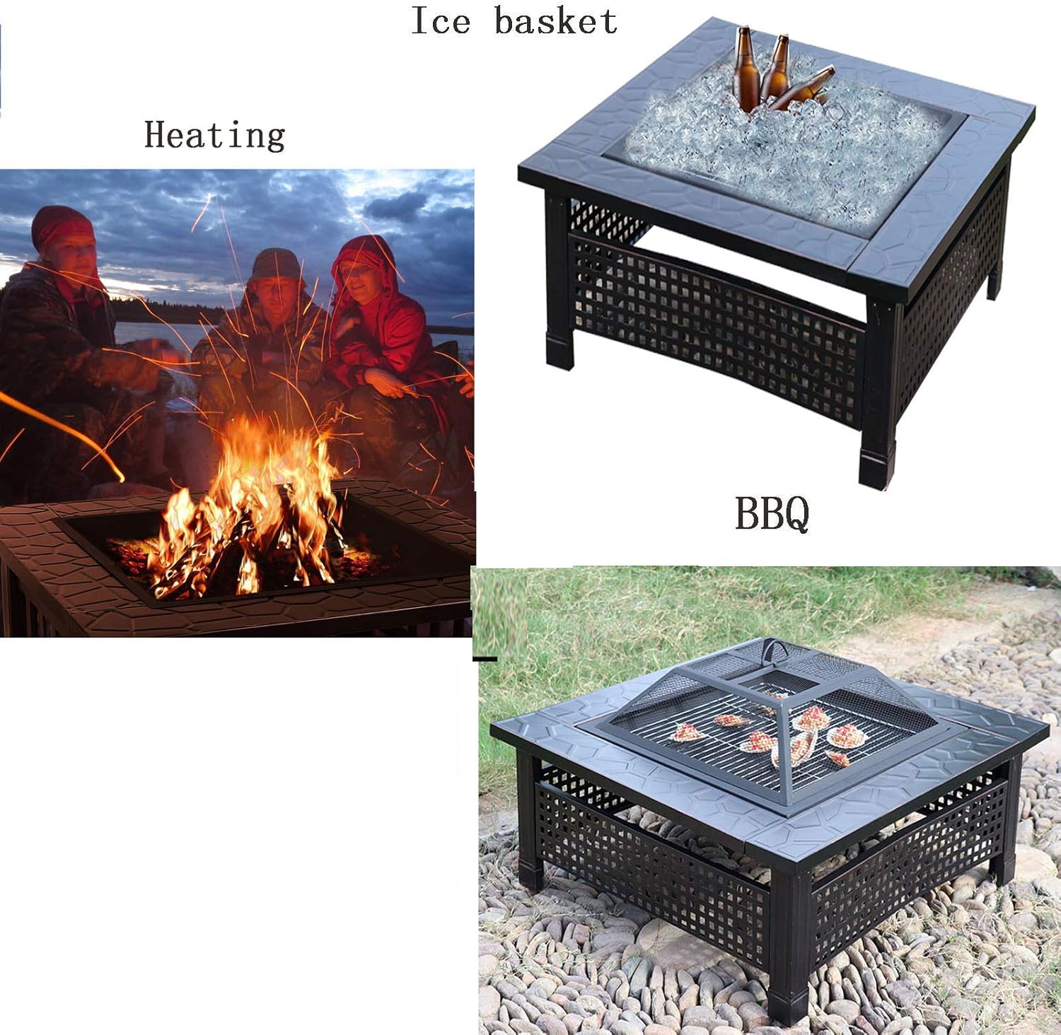 Garden Fire Pit Grill Bowl Grill Barbecue Rack Fire Pits with Grill BBQ 80cm Large Oxidised Cast Iron Wood Burning Log Burner Outdoor Firepits Firebowls Heater Tripod Brazier with Guard Lid