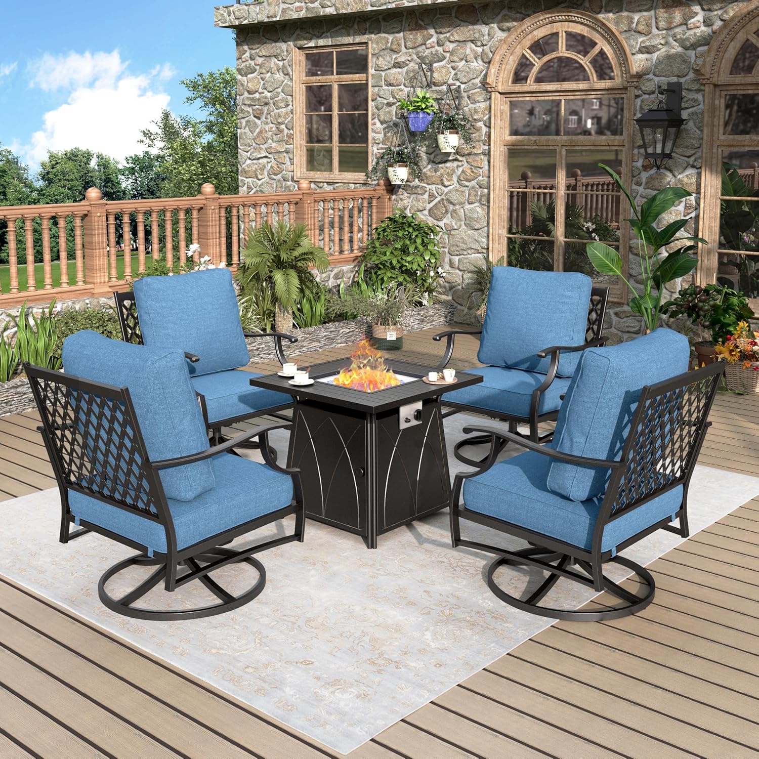 Patio Furniture Set with Fire Pit Table, 5 Pcs Metal Outdoor Conversation Set, 4 Swivel Chairs with 5.75