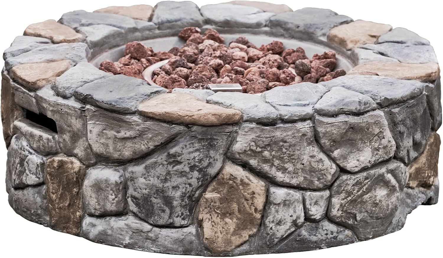 Teamson Home 28 in. Outdoor Round Propane Gas Smokeless Fire Pit with Sturdy Faux Stacked Stone Base, Quick Ignition and Weather-Resistant PVC Cover, Gray