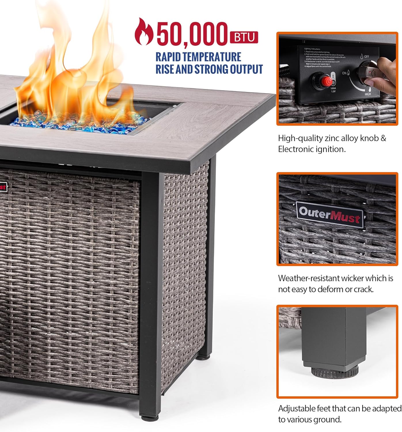 30 Inch Propane Fire Pit Table, 50,000 BTU Electronic-Ignition Rattan Patio Gas Fire Pit with Lid & Blue Glass Bead, Outdoor Fireplace for Dining or Party, Black