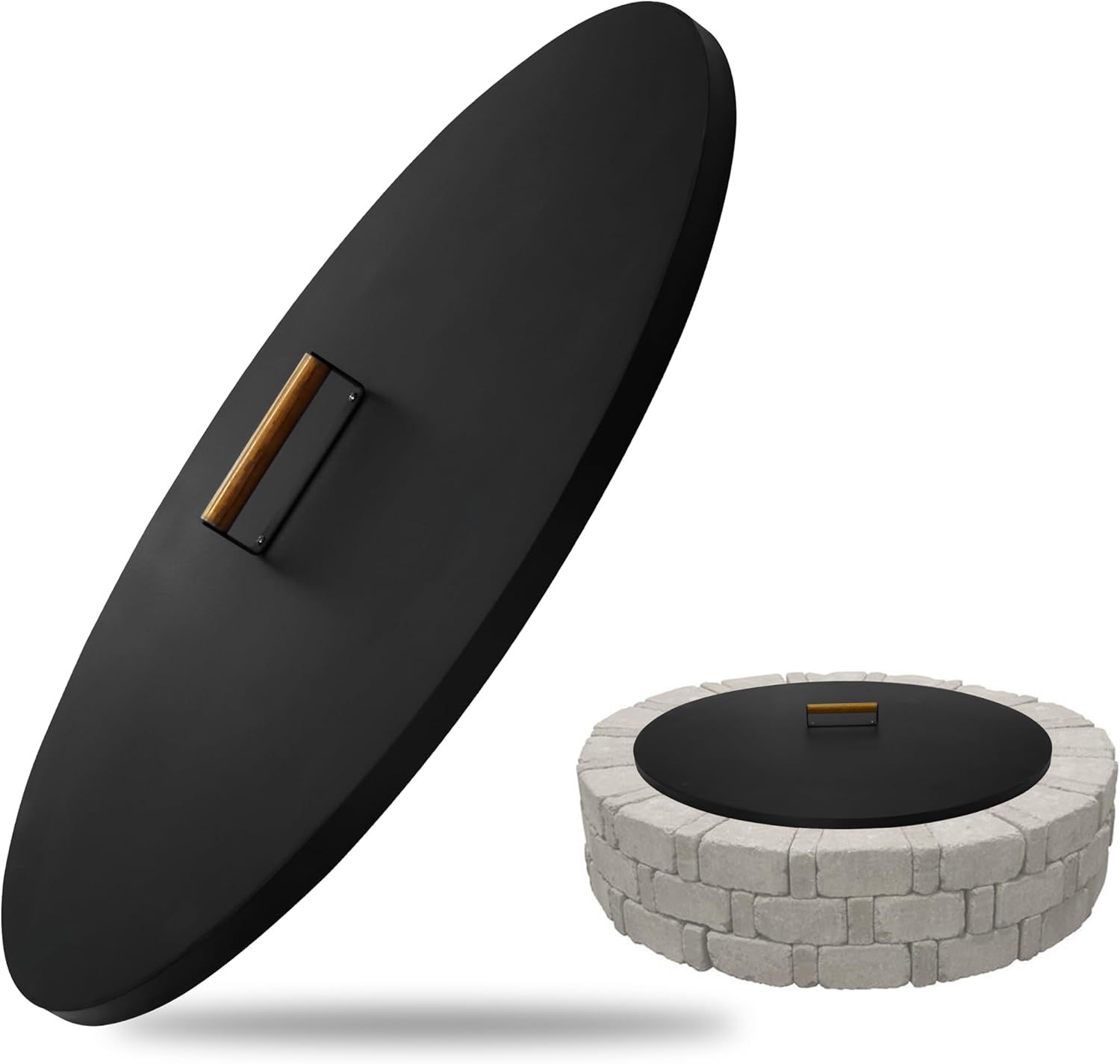 31” Round Fire Pit Lid – Powder Coated Fire Pit Cover Lid Round for Outdoor Fireplace -16 Gauge Steel Flat Fire Pit Burner Pan Cover with Wooden Handle Snuffer Lid for Round Patio FirePit Ring