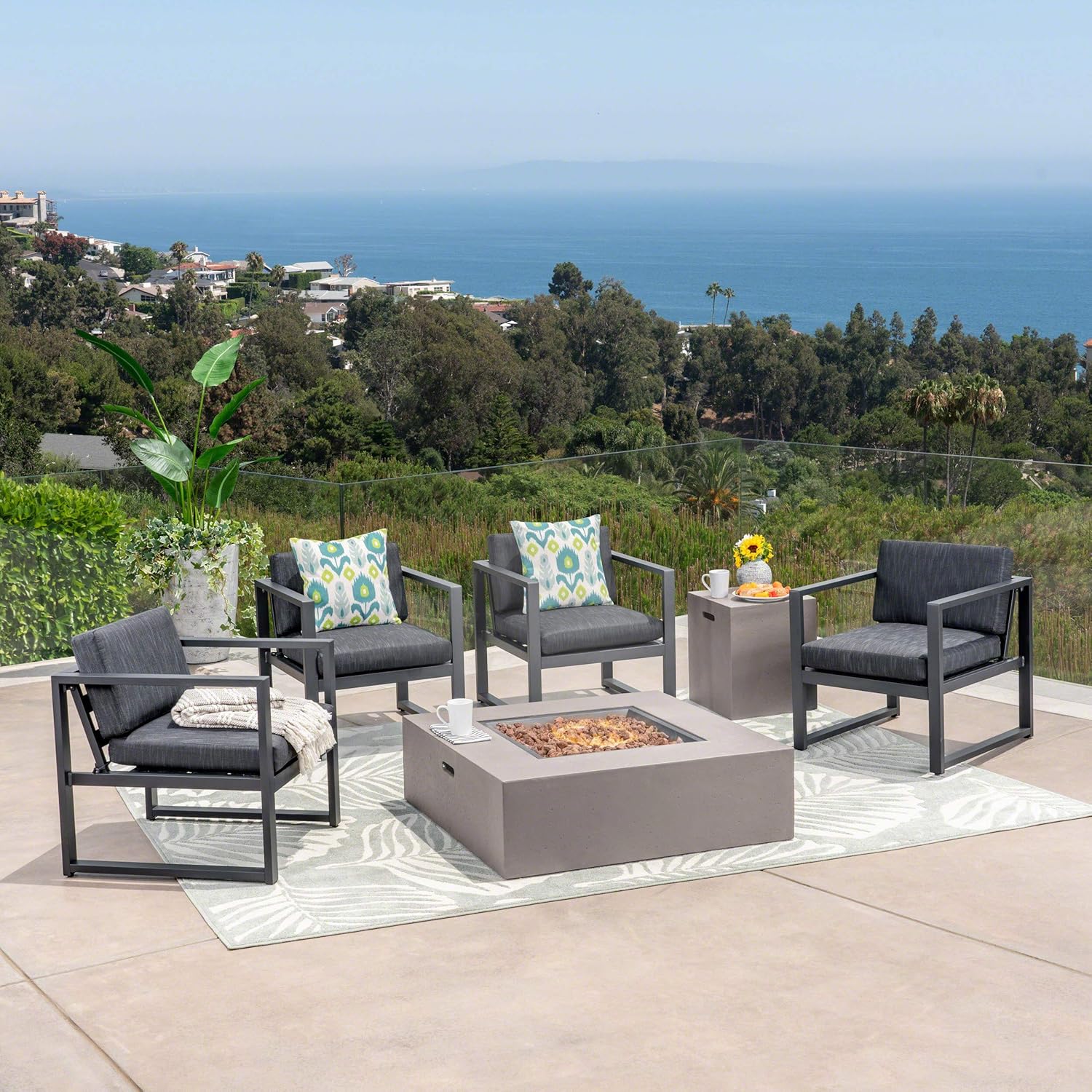 GDFStudio Outdoor 4-Seater Aluminum Chat Set with Fire Pit, Black and Dark Gray and Light Gray