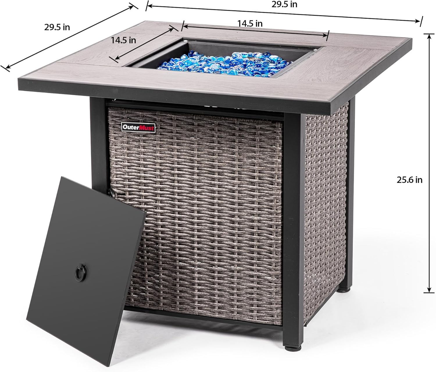 30 Inch Propane Fire Pit Table, 50,000 BTU Electronic-Ignition Rattan Patio Gas Fire Pit with Lid & Blue Glass Bead, Outdoor Fireplace for Dining or Party, Black