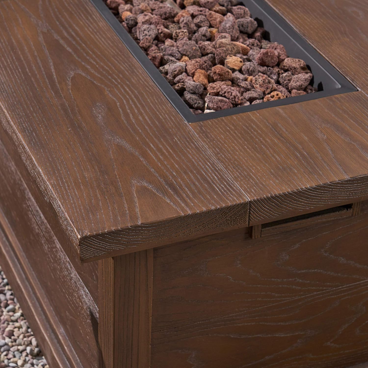 GDFStudio Outdoor 7 Piece Acacia Wood Chat Set with Fire Pit, Teak and Brown