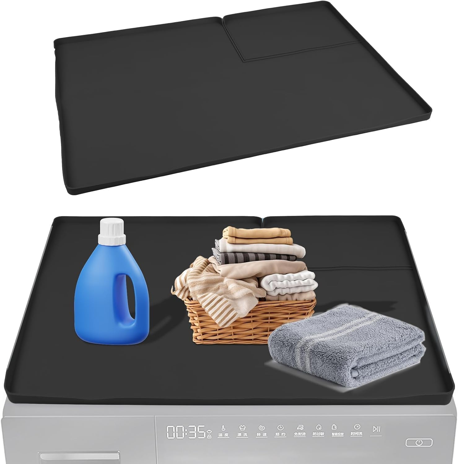 Silicone Washer And Dryer Top Cover Mat 26x17.7 Inch Non-Slip Heat Resistant Laundry Room Protector With Lint Trap Hole For Appliance Scratch Spill Dust Protection (Black)