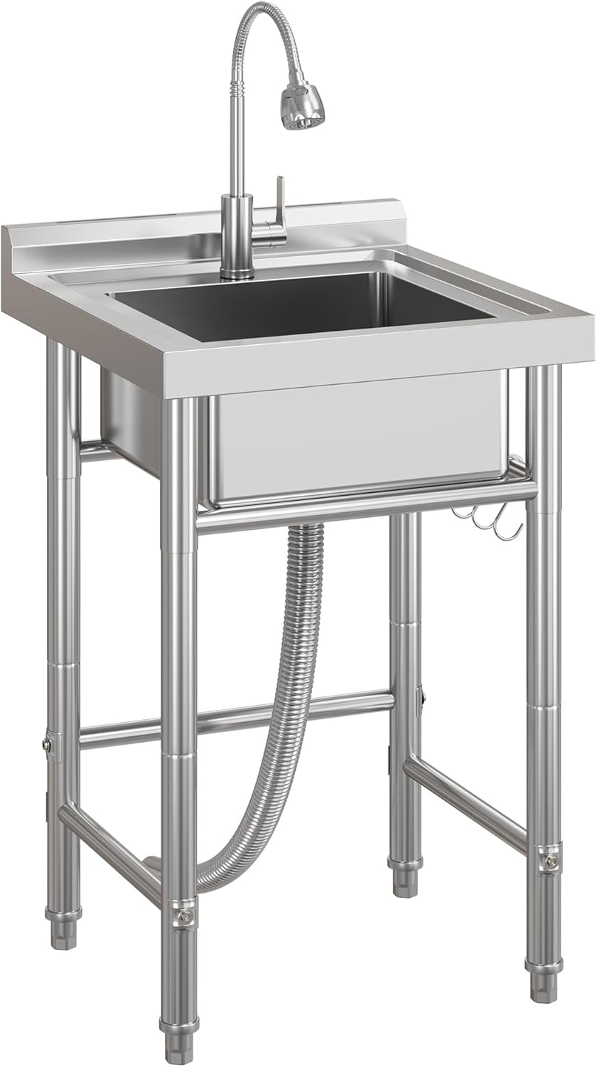 Small Stainless Steel Utility Sink, 20x20 in Freestanding Single Bowl Kitchen Sink with Hot & Cold Water Faucet, 5 Hooks, Suitable for Laundry Room/Compact Apartments/Basement/Garage