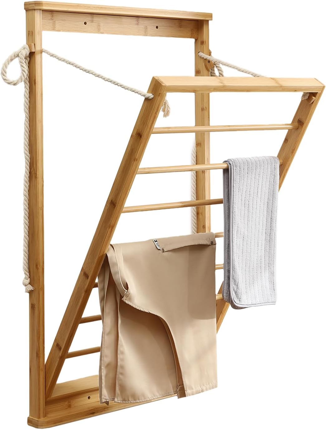 Clothes Drying Rack, Foldable Bamboo Wall Mounted Laundry Rack – Space-Saving, Drop-Down Design – 23