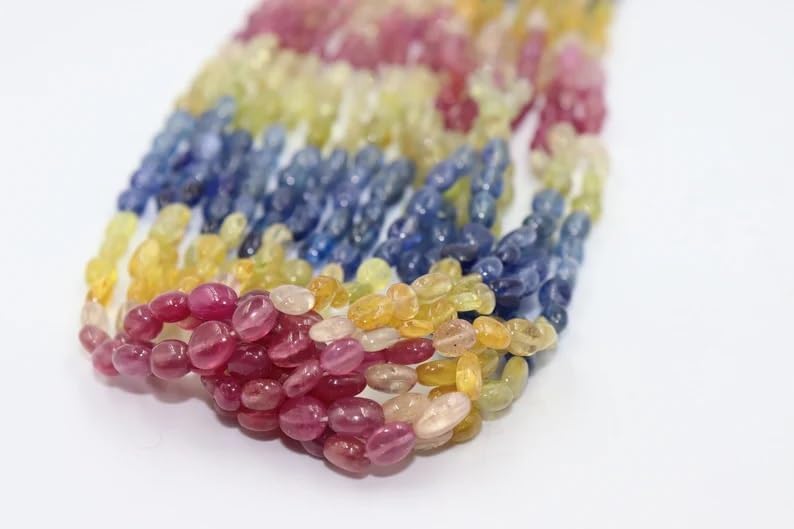 Natural Sapphire Smooth Oval Shape Beads 5x7-6x8mm Multi Sapphire Beads for Jewelry Making
