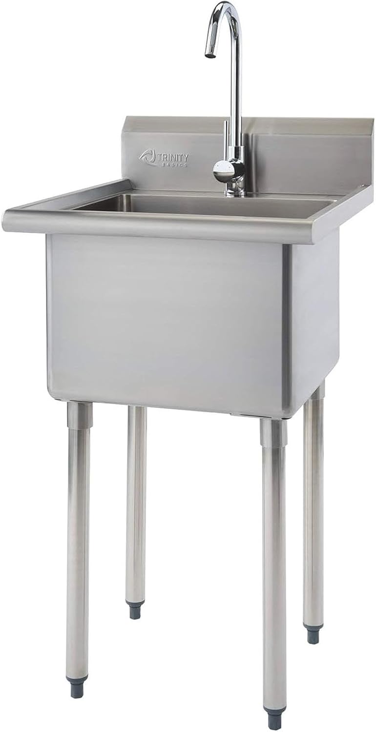 TRINITY BASICS Stainless Steel Freestanding Single Bowl Utility Sink with Chrome Faucet, NSF Certified, For Garage, Laundry Room, and Kitchen, 21.5” x 24” x 49.2”