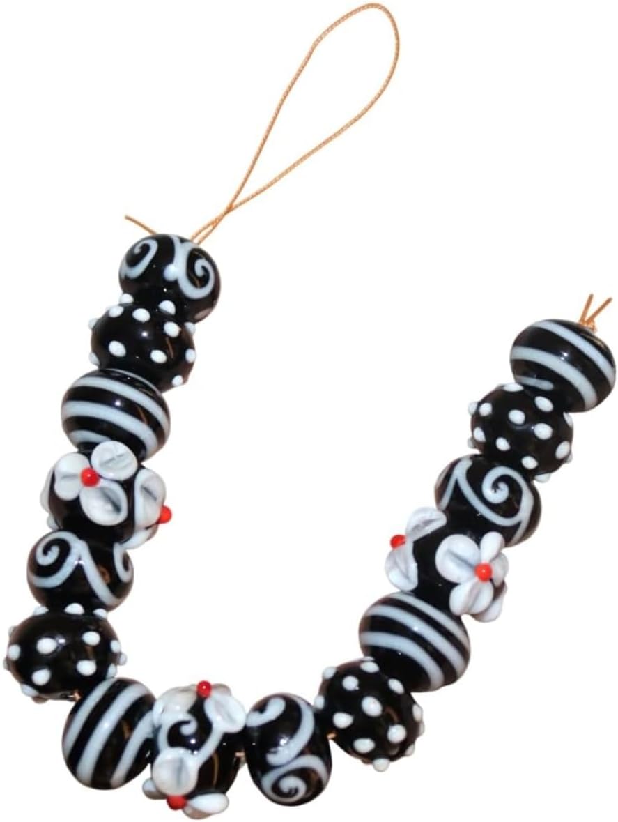 Handcrafted Black & White Lampwork Glass Beads | Floral, Dots & Stripe Pattern Beads | Available in 10 Strands | Artistic Assorted for Jewelry Making & DIY Crafts.