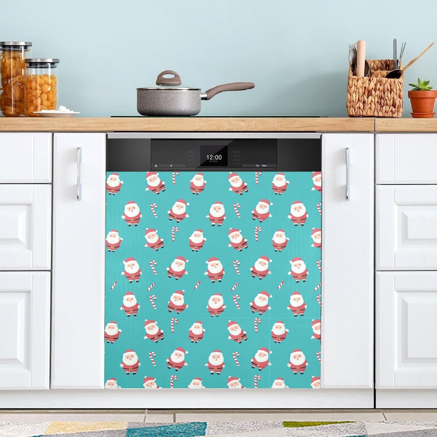 Pfrewn Christmas Winter Magnetic Dishwasher Cover Santa Claus Candy Canes Turquoise (2) Fridge Door Covers Kitchen Decal Vinyl Panel Decorative Refrigerator Laundry Appliances 23x26in
