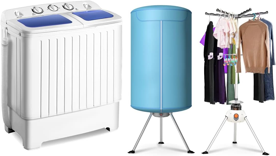 Giantex 17.6lbs Portable Washing Machine, 900W Clothes Dryer, Electric Laundry Dryer and Heater, Washer & Spinner Combo with Ventless Heating Stand for Apartment Travel RV