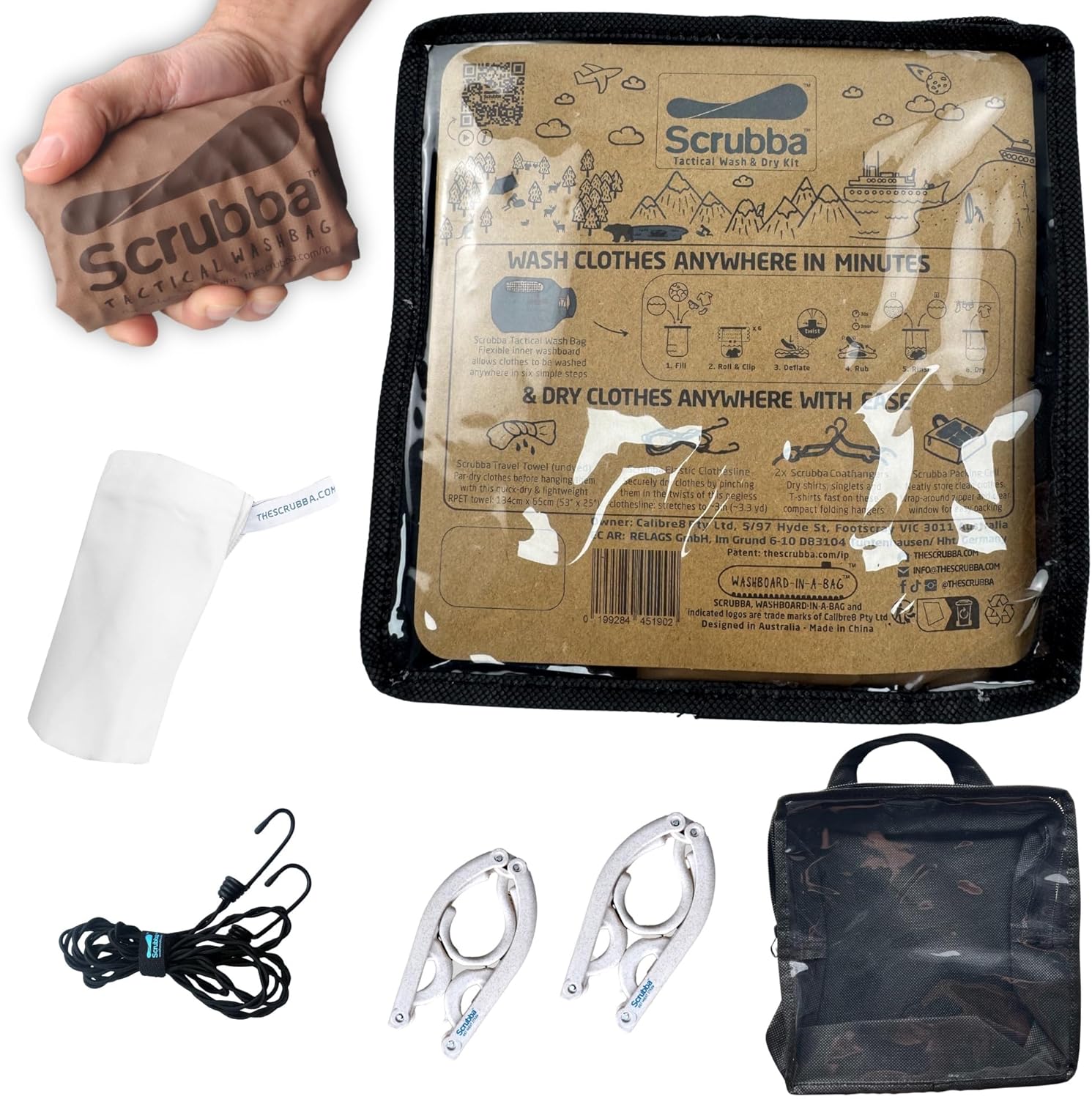 Scrubba Tactical Portable Wash Bag & Dry Kit - Hand Washing System for Outdoors & Travel - Light & Small Camping Laundry Set to Wash Clothes Anywhere