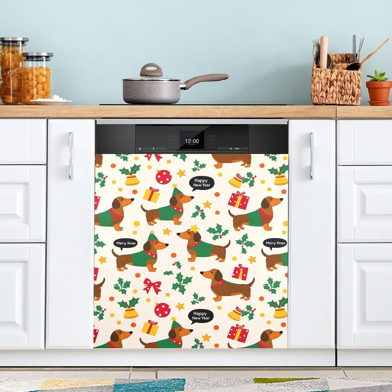 Pfrewn Christmas Winter Magnetic Dishwasher Cover Cute Christmas Dachshund Dogs Fridge Door Covers Kitchen Decal Vinyl Panel Decorative Refrigerator Laundry Appliances 23x26in