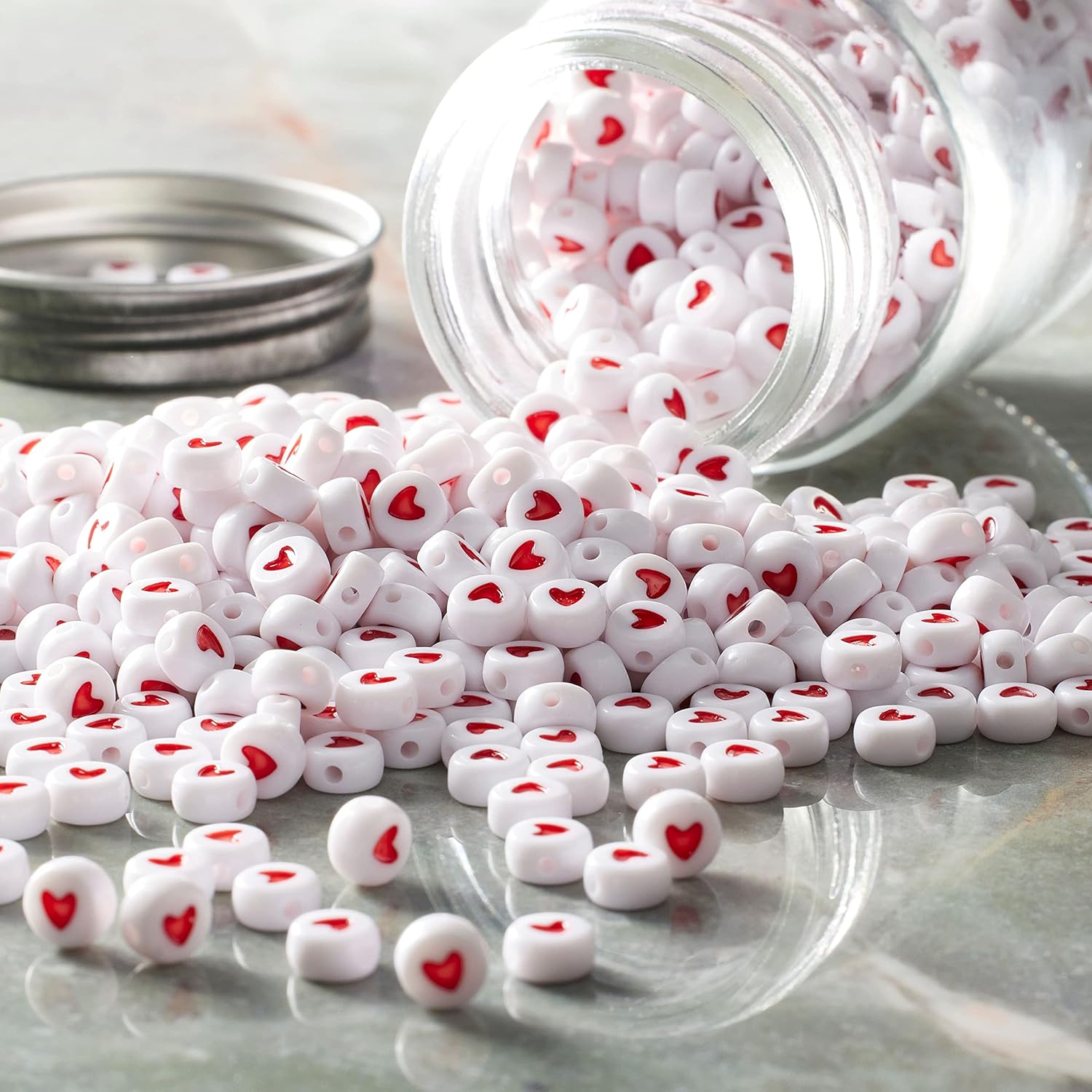 Bead Landing White & Red Heart Acrylic Circle Craft Beads, 7mm, 12 Pack