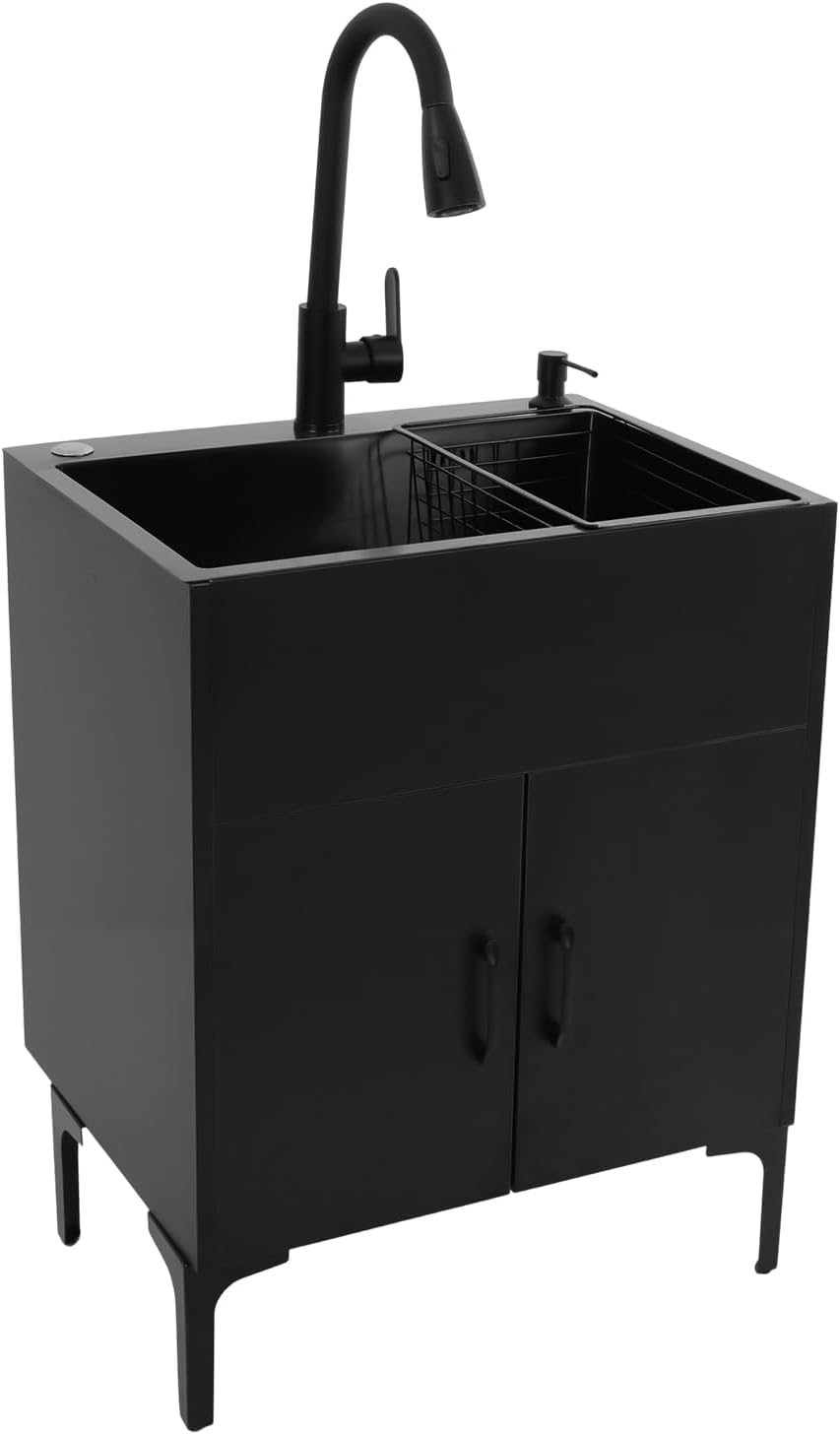24-Inch Laundry Room Single-Bowl Sink Cabinet, Stainless Steel Sink and Pull-Out Faucet, Freestanding Kitchen Bathroom Laundry Tub with Cabinet, Utility Sink With Draining Basket(Black)