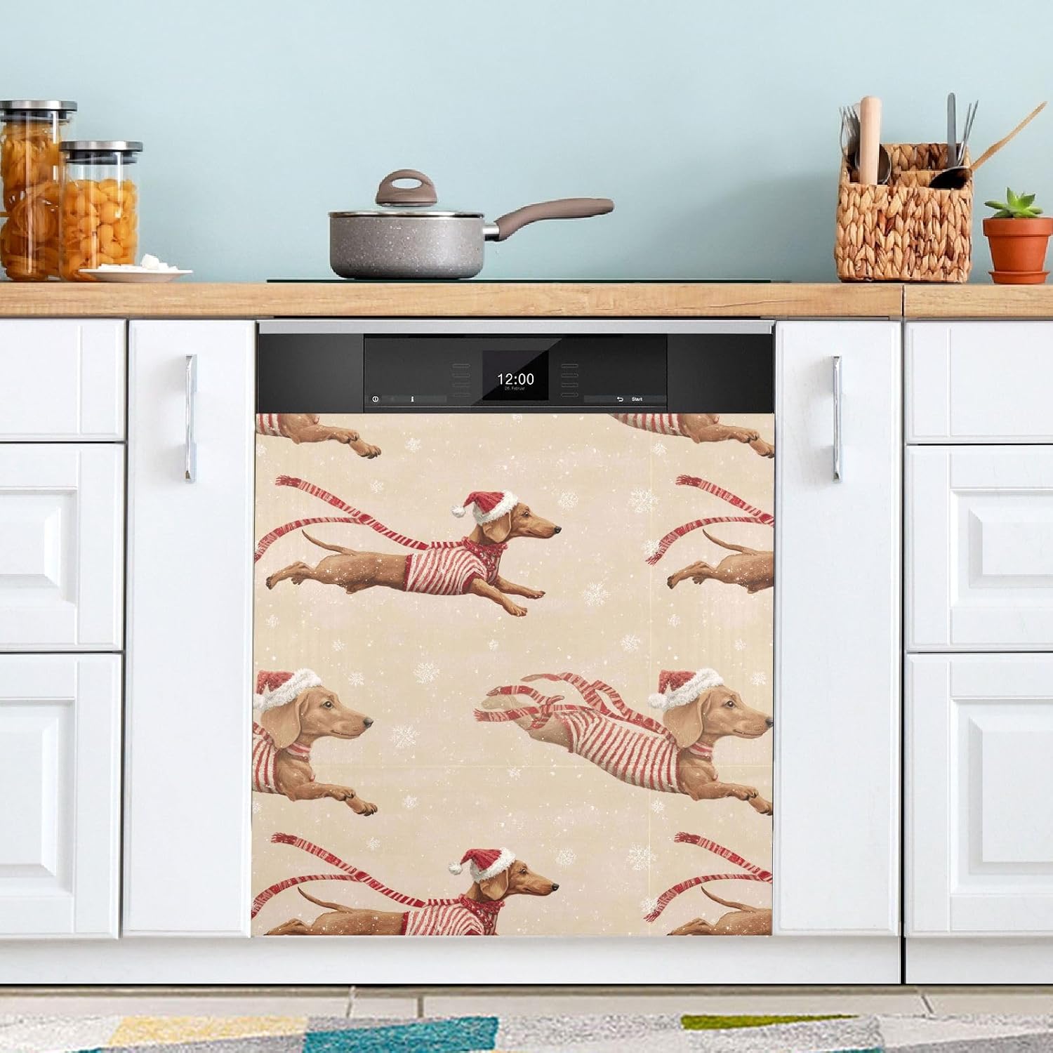 Pfrewn Christmas Winter Magnetic Dishwasher Cover Happy Dachshund Dogs Christmas Snow Fridge Door Covers Kitchen Decal Vinyl Panel Decorative Refrigerator Laundry Appliances 23x26in