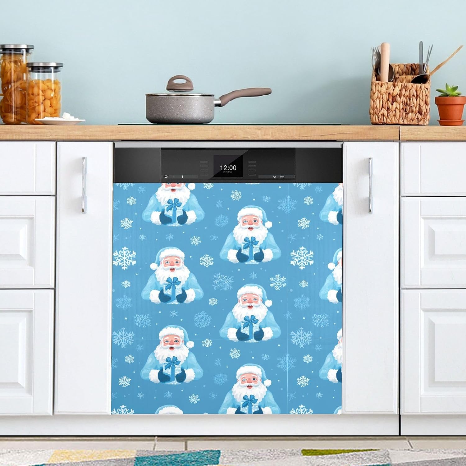 Pfrewn Christmas Winter Magnetic Dishwasher Cover Blue Santa Claus Snowflakes Fridge Door Covers Kitchen Decal Vinyl Panel Decorative Refrigerator Laundry Appliances 23x26in
