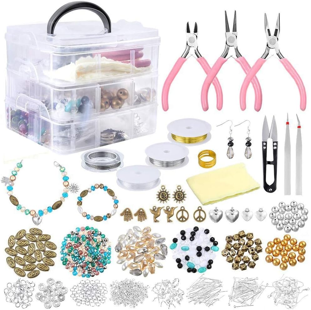 1290PCS Jewelry Making Supplies Kit with Beads Charms Findings Jewellery Pliers Beading Wire for DIY Necklace Bracelet Earrings